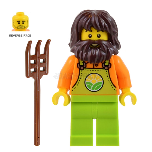 LEGO Minifigure Farmer - Male with Lime Overalls & Orange Shirt, Long Beard - Perfect for Farm Scenes, LEGO City Sets & Collectors