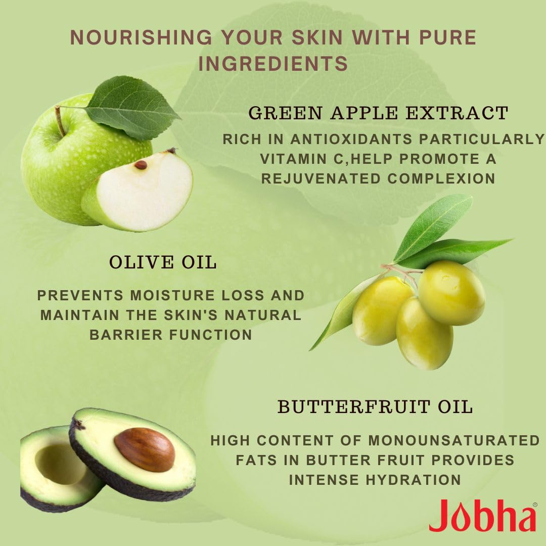 Jobha Green Apple Soap with Butter Fruit & Olive Oil - Skin Brightening Face & Body Cleanser for Women & Men (100g) - Natural Glow for Daily Skincare & Spa Relaxation
