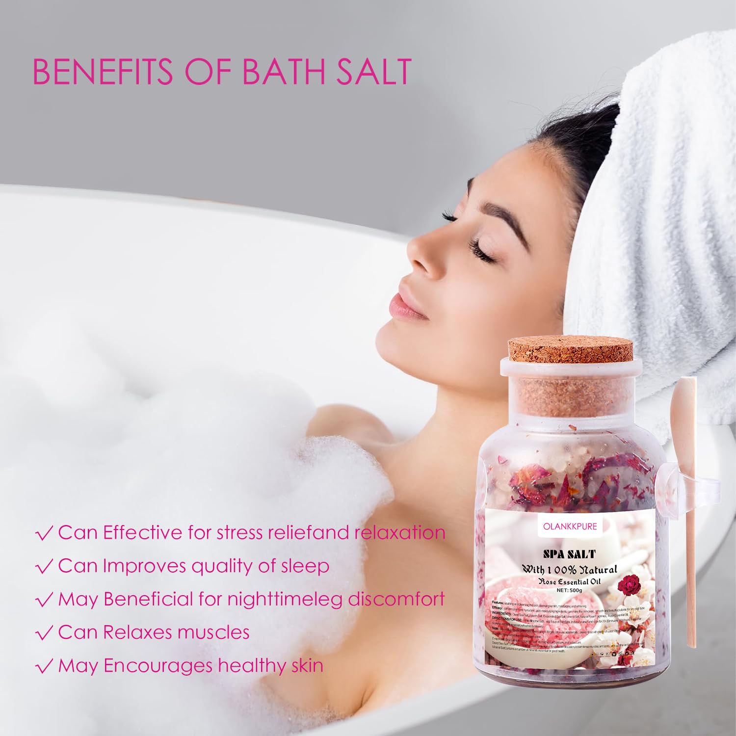 **Pure Epsom Salt with Rose Petals 500g - 100% Natural Aromatherapy Bath Salts Infused with Rose Essential Oil | Relaxing & Detoxifying for Spa, Stress Relief & Skin Care**