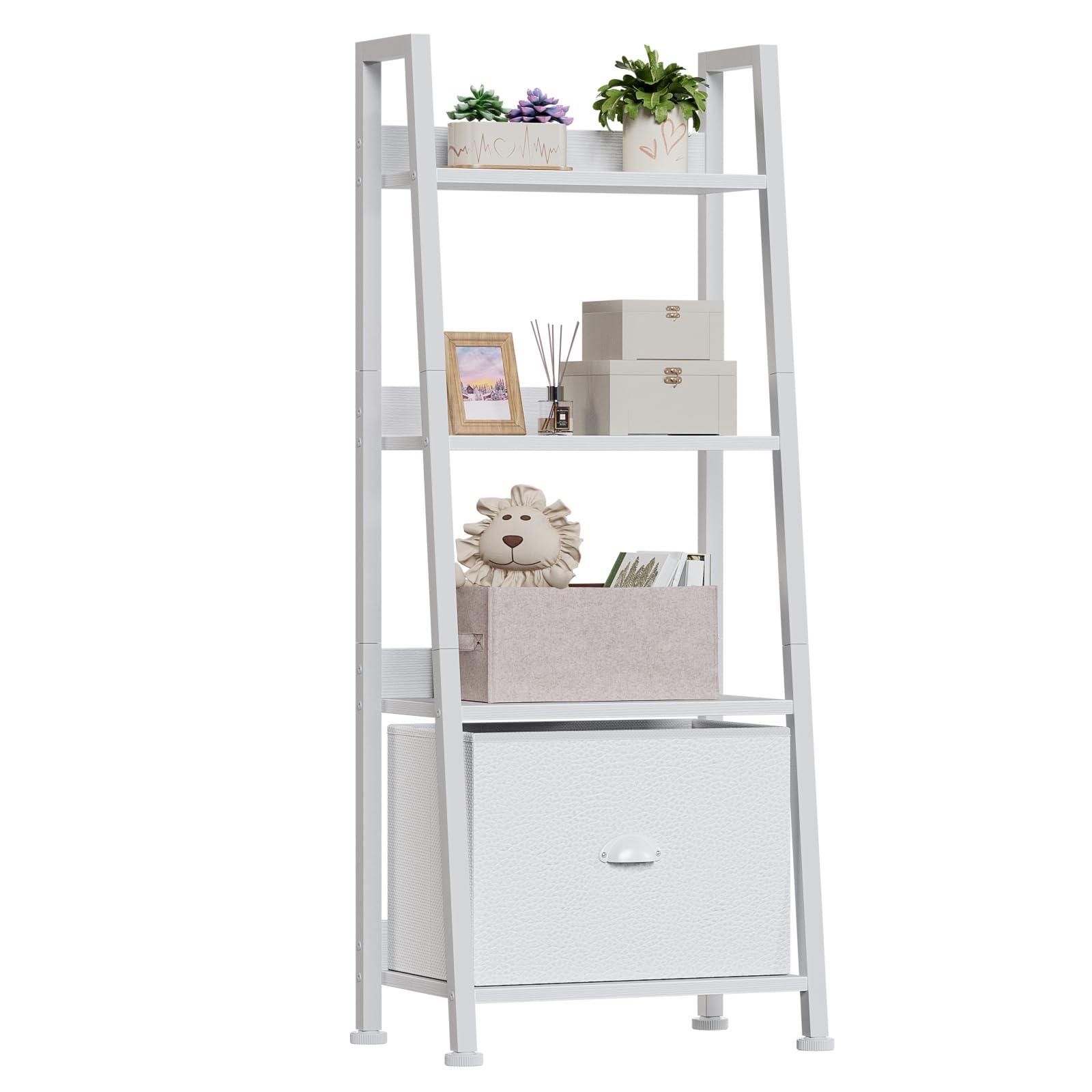 4-Tier White Ladder Shelf with Removable Drawer - Freestanding Bookcase Storage Organizer for Living Room, Home Office, Bedroom - Perfect for Books, Decor & Small Space Organization