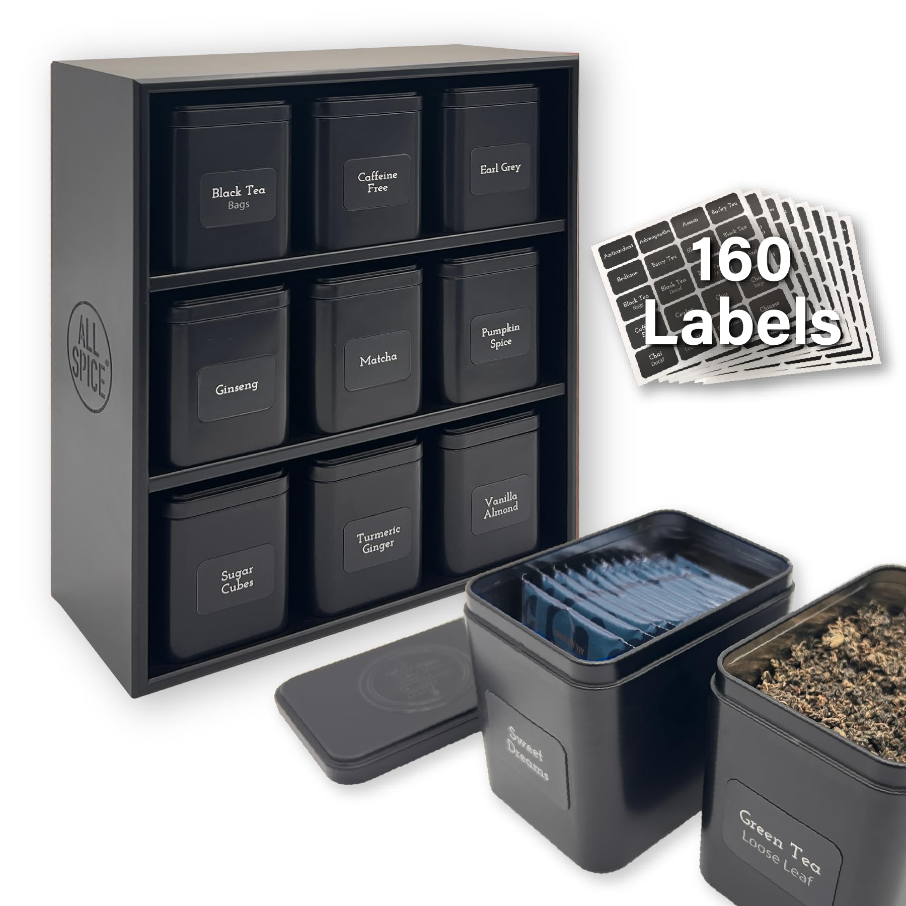Premium AllSpice Tea Organizer Rack with 9 Airtight Tins & 160 Magnetic Labels - Perfect for Bagged & Loose Leaf Tea Storage - Black - Ideal for Kitchen Countertop & Pantry Organization