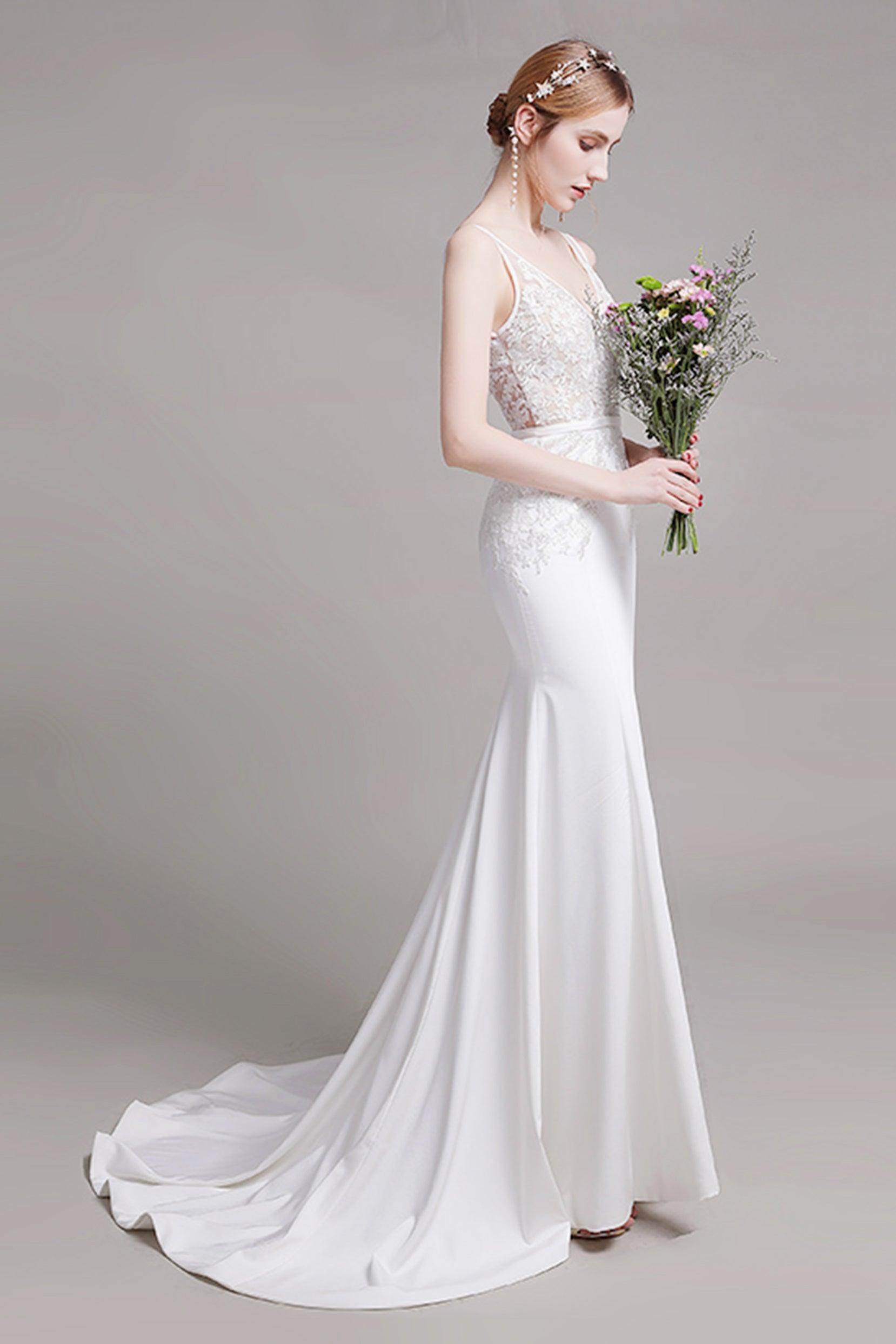 Elegant Mermaid Sweep Train Lace Stretch Satin Wedding Dress CW2762 - Perfect for Beach Weddings, Vow Renewals & Romantic Photoshoots