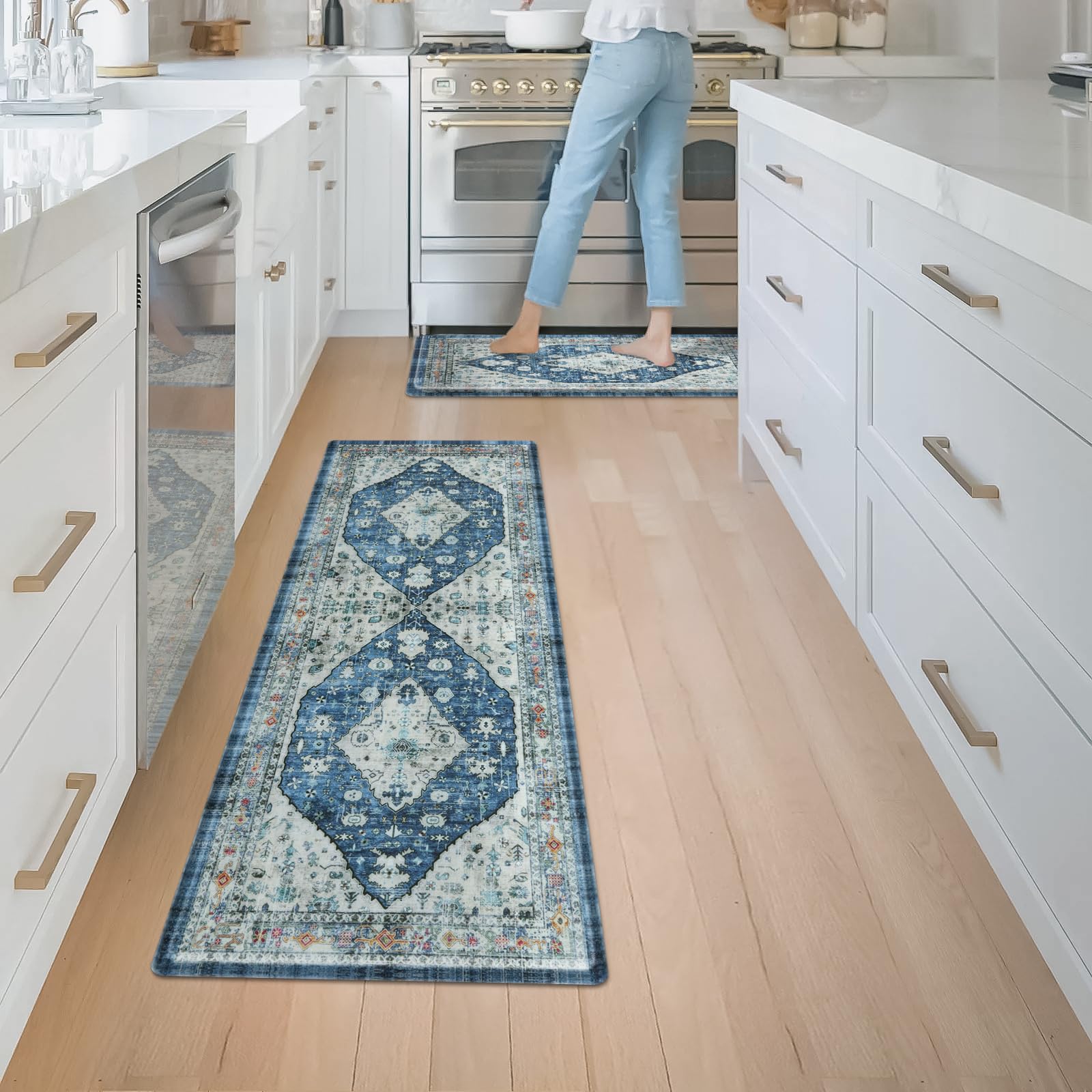 Collive Boho Kitchen Rugs Set of 2 - Non-Slip Anti-Fatigue Floor Mats with Cushioned Support, Waterproof Heavy Duty Foam Mats for Kitchen, Standing Desk, Sink & Laundry Areas (17
