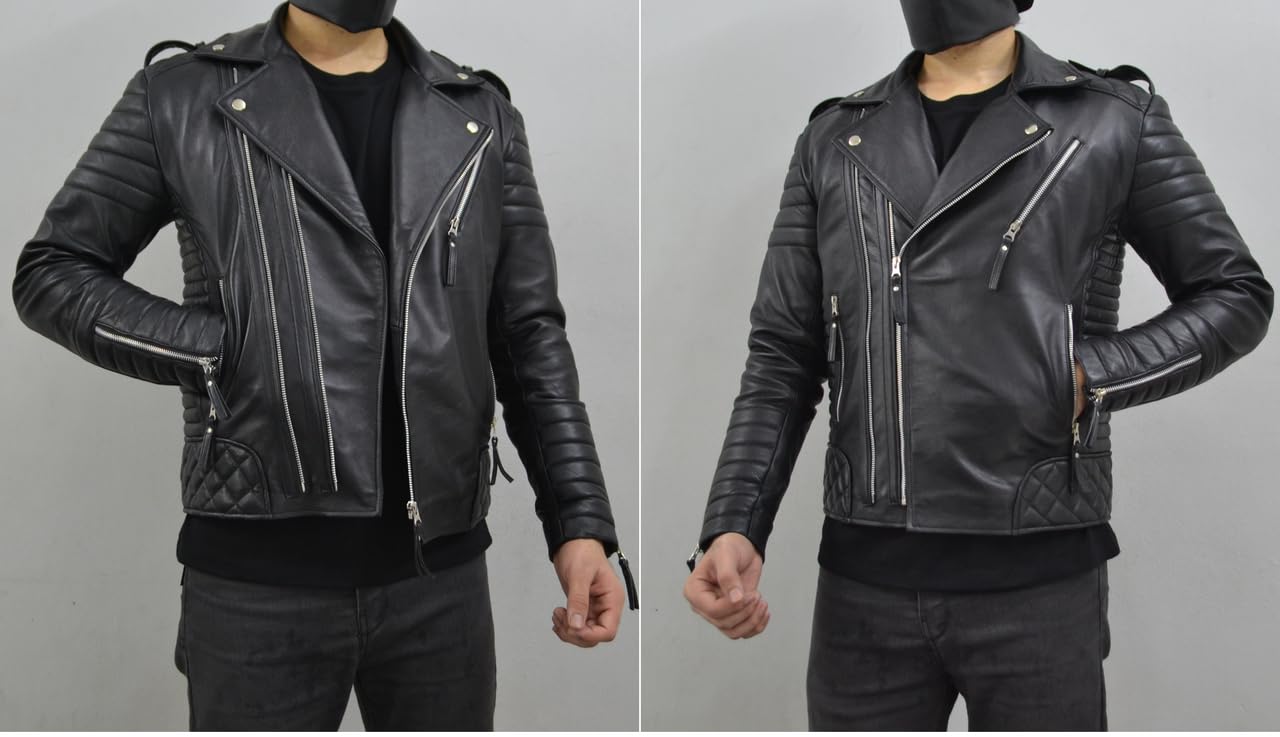 Men's Real Lambskin Leather Jacket - Slim Fit Biker Motorcycle Jacket for Men - Lightweight Black Leather Jacket for Riding, Casual Wear & Outdoor Adventures