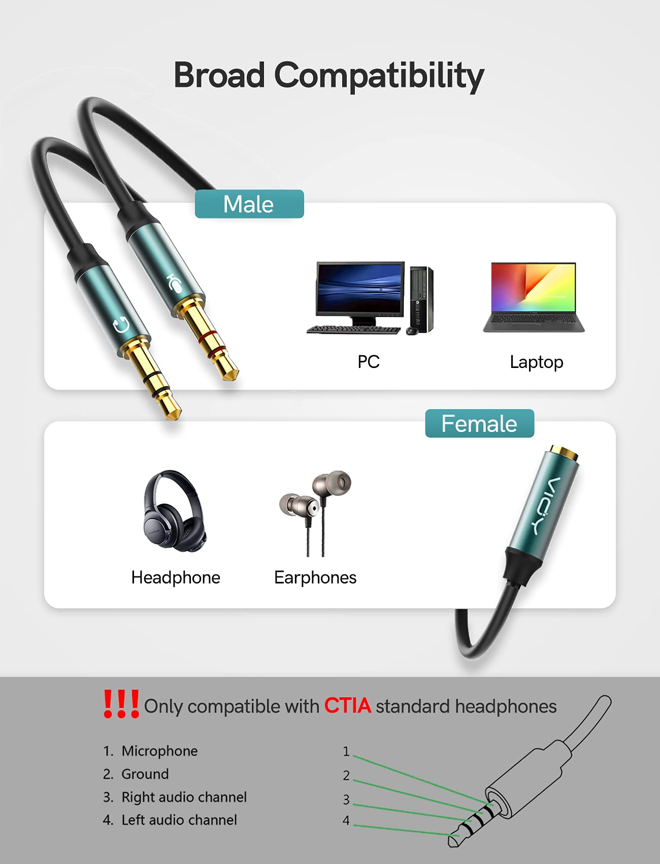 VIOY Gold-Plated 3.5mm Female to Dual Male Headphone Splitter Adapter - 2-in-1 Y Cable for Gaming Headsets, PC, Laptop & Mobile Devices (20cm/7.87inch) - Perfect for Multiplayer Gaming, Music Sharing & Conference Calls
