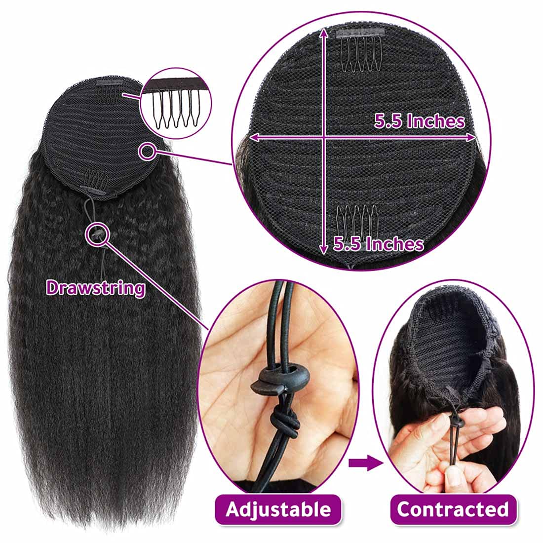 20 Inch Kinky Straight Brazilian Human Hair Ponytail Extensions - 10A Grade Natural Black Yaki Straight Drawstring Ponytail Hairpiece for Black Women | Perfect for Daily Wear, Parties & Special Occasions