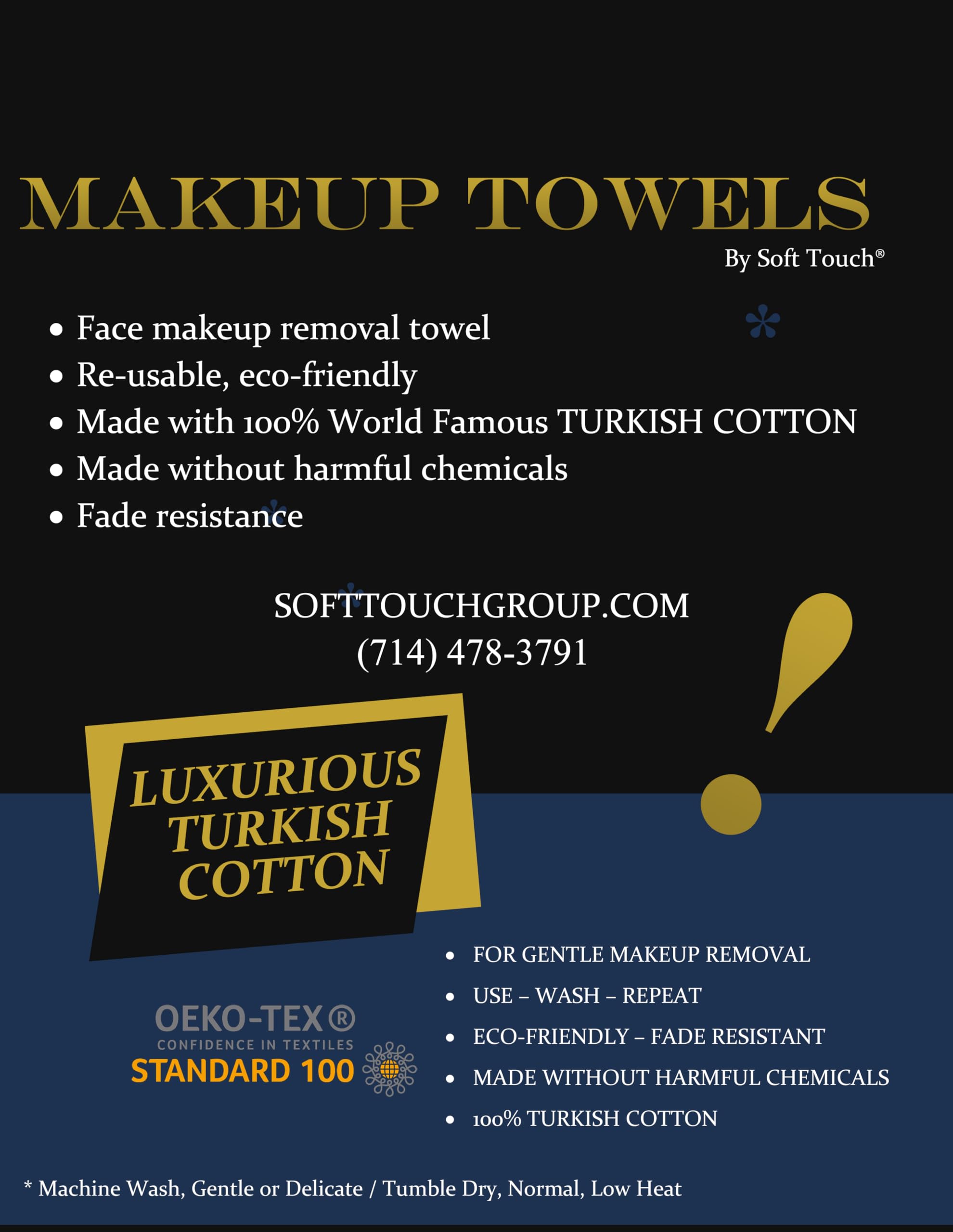 Soft Touch Black Makeup Towels for Face 6 Pack - Gentle Turkish Cotton Makeup Remover Cloths, Reusable & Quick Dry Washcloths for Cleansing (13