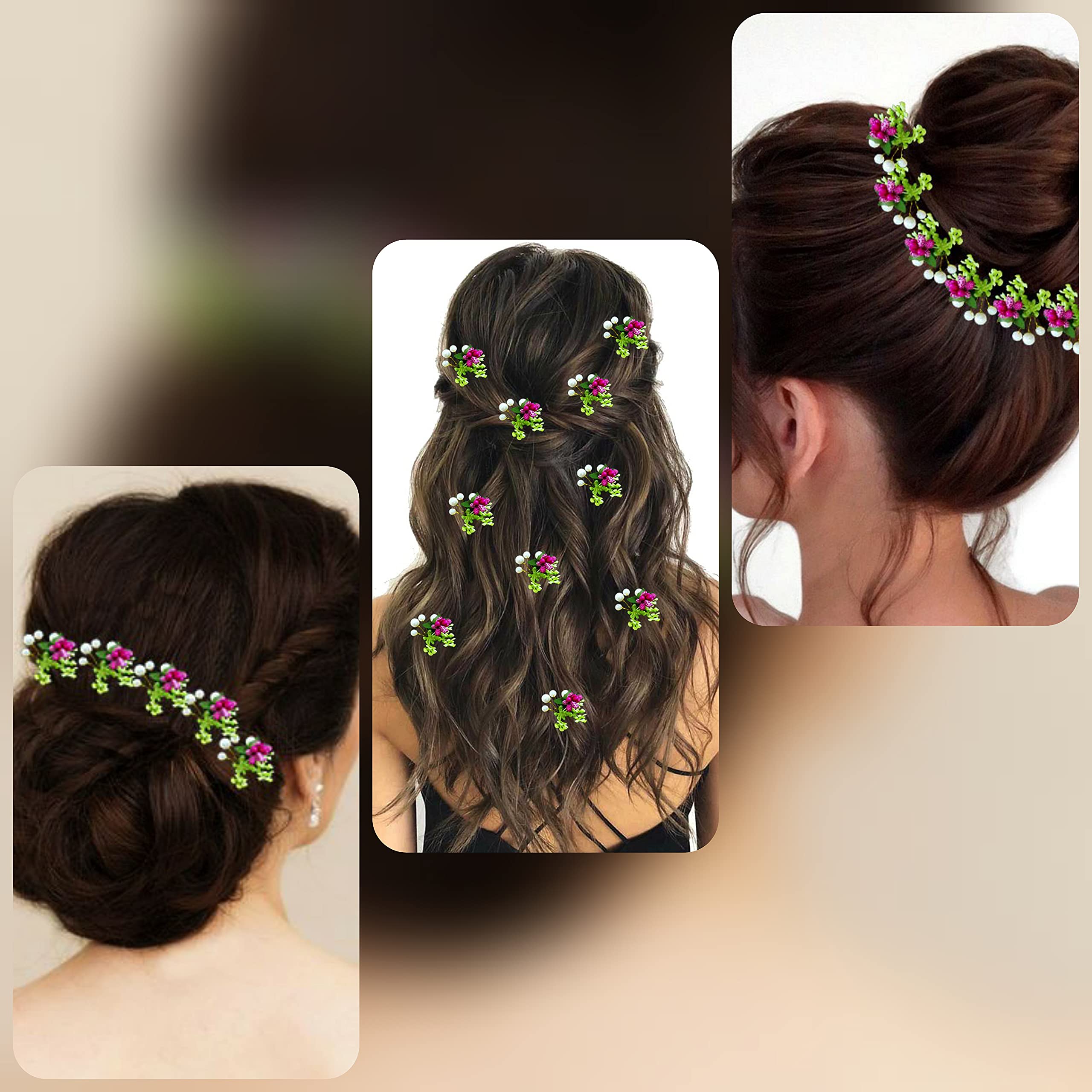 Artificial Mogra Hair Pins - 10 Pack Small Round Flower Hairpins for Women & Girls | Bridal Wedding Hair Accessories | Dark Pink #2230 | Perfect for Parties, Prom, and Everyday Styling