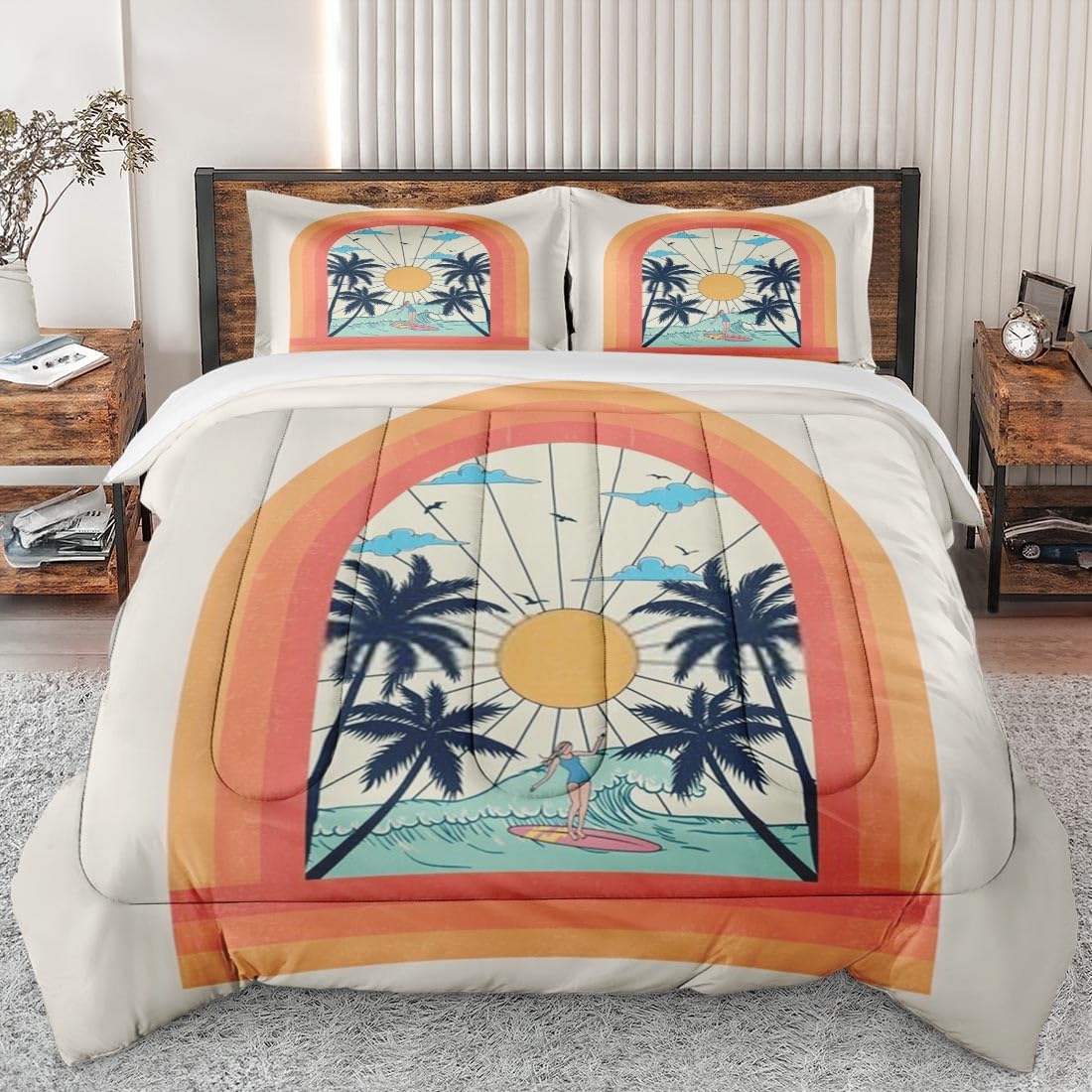 Queen Size Comforter Set - Tropical Palm Beach Summer Bedding for Kids & Adults, Soft Tree Sunset Surfboard Design with 2 Pillowcases - Perfect for Bedroom Decor, Guest Rooms & Vacation Homes