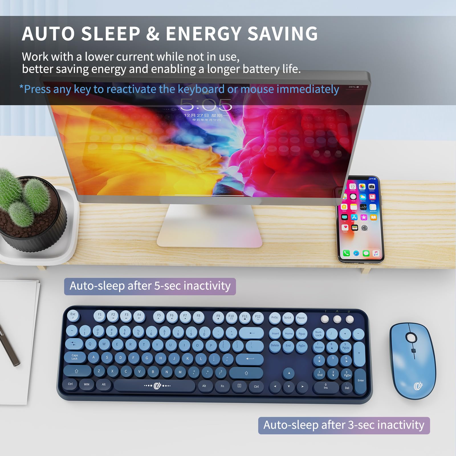 FOPETT 2.4G Wireless Keyboard Mouse Combo - 104 Round Key Retro Typewriter for PC/Laptop - Blue Gradient for Office/Home Use