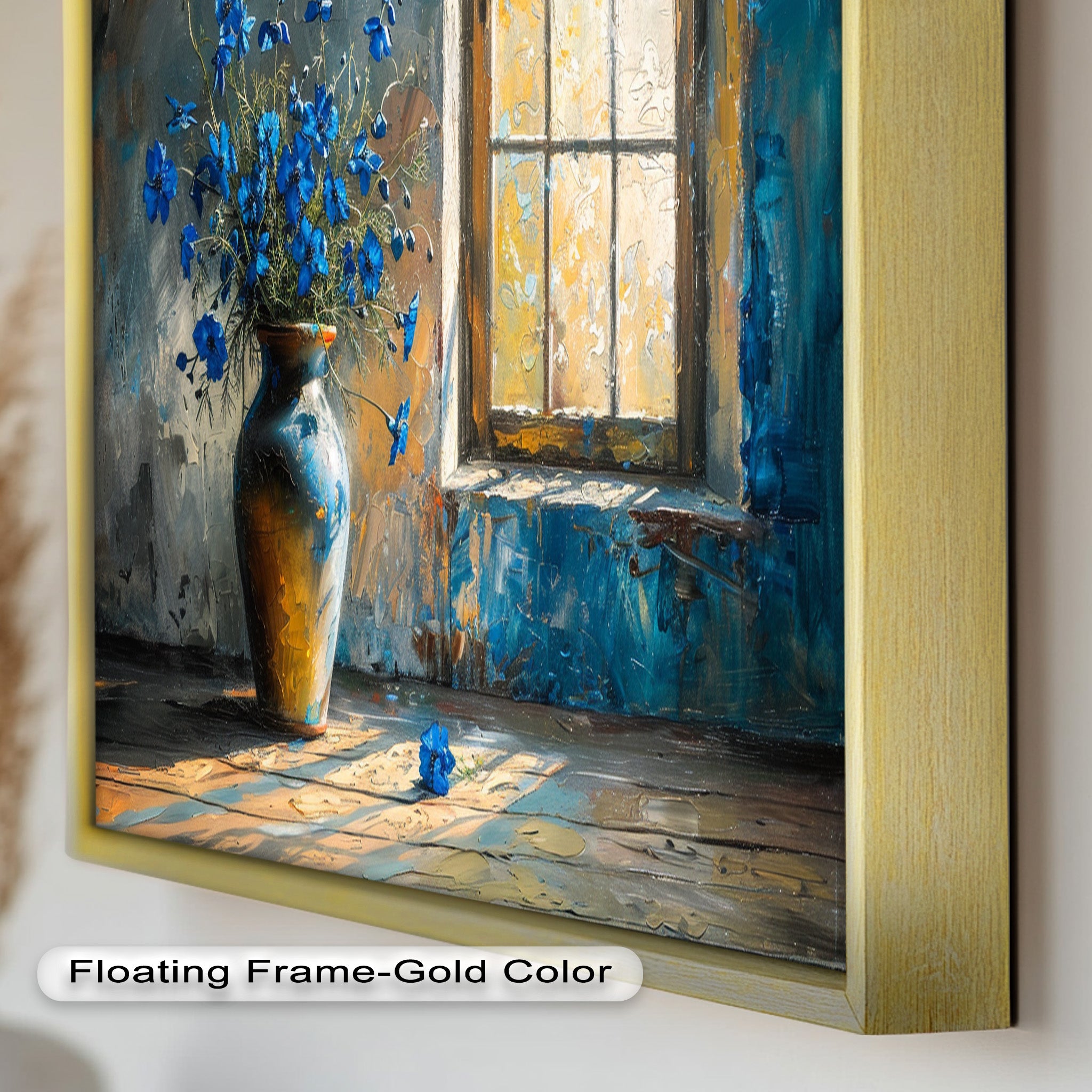 Blue Flowers in Vase - Rustic Still Life Oil Painting on Canvas - Perfect for Farmhouse Decor, Living Room Wall Art & Home Office