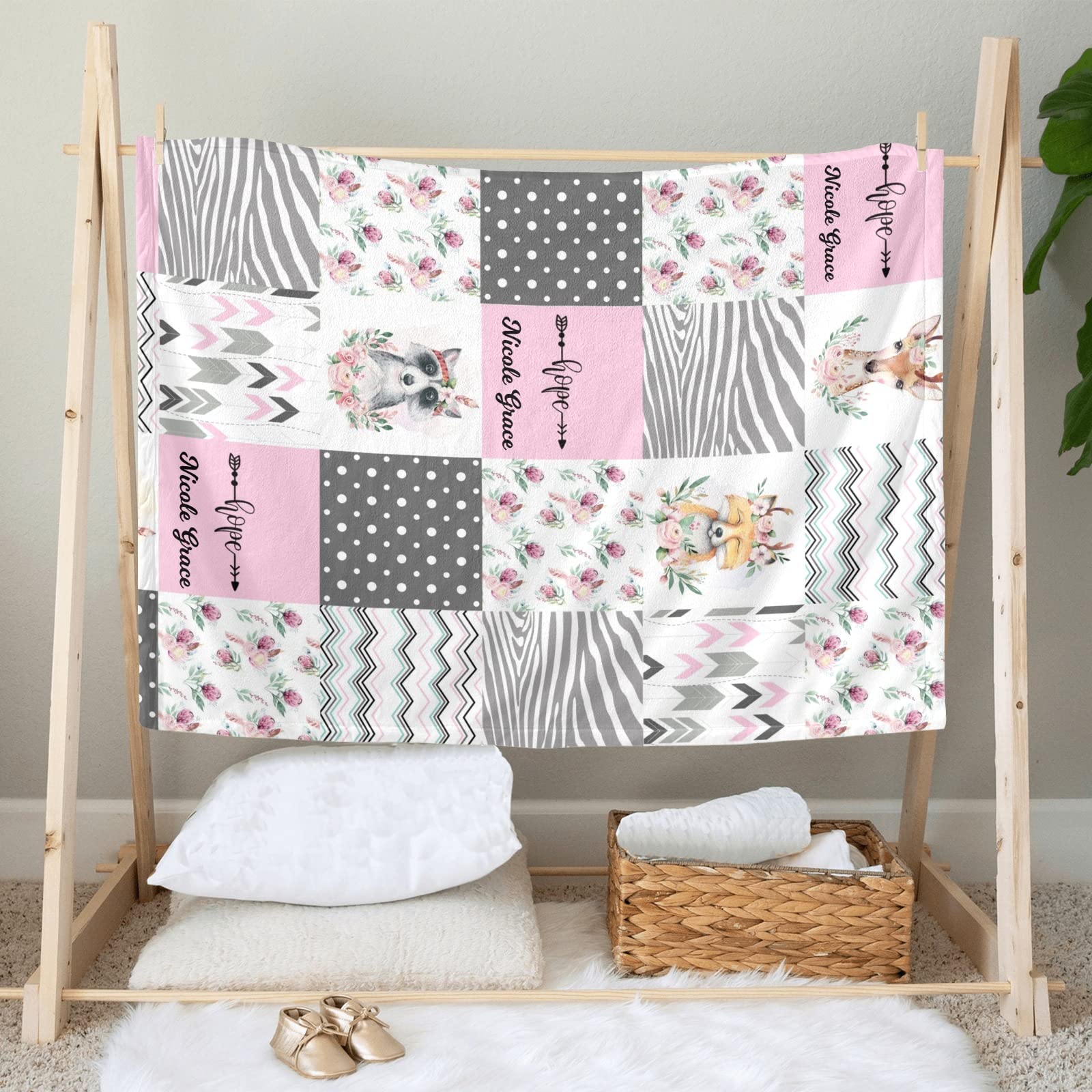 Personalized Baby Blanket - Soft Floral Deer Raccoon Fox Patchwork Custom Blanket for Baby Shower, Toddler Nursery, Stroller & Crib - 30x40 Inch Cozy Blanket for Newborns, Infants & Kids - Perfect Gift for Baby Showers, Birthdays & Holidays