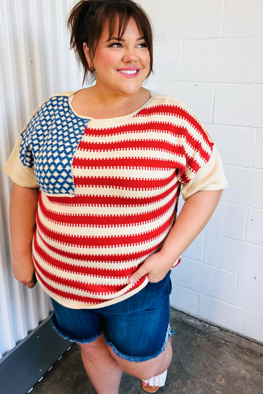 American Flag Jacquard Knit Sweater Top for Women - Patriotic Pullover Casual Wear for 4th of July, Veterans Day & Outdoor Events