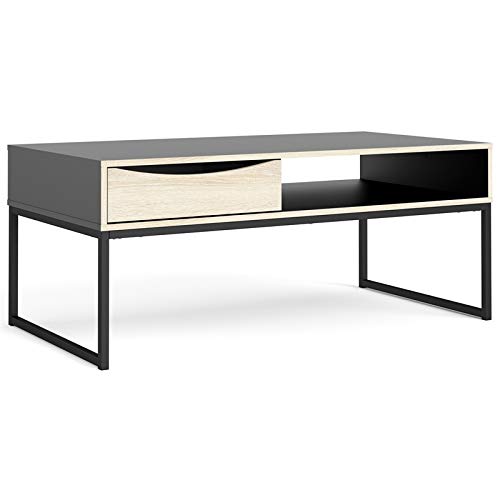 Pemberly Row Black Matte Coffee Table with Oak Structure & 1 Drawer - Perfect for Living Room, Office, or Lounge Area