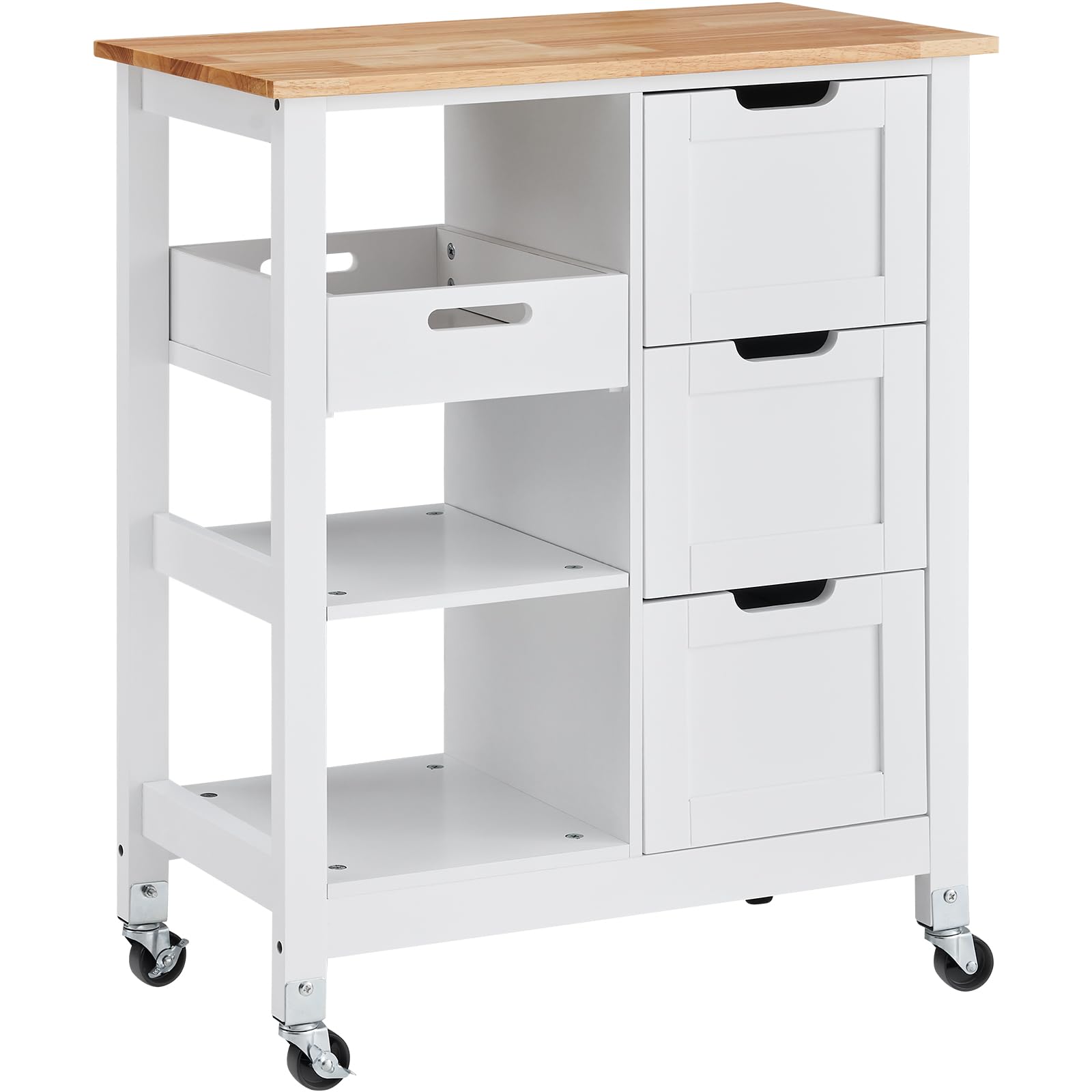 VEVOR White 26-inch Rolling Kitchen Island Cart with 3 Drawers & Shelves, Wood Top Mobile Breakfast Bar - Perfect for Dining, Kitchen, Living Room & Farmhouse Style Homes | Space-Saving Storage Solution for Small Kitchens & Entertaining Guests