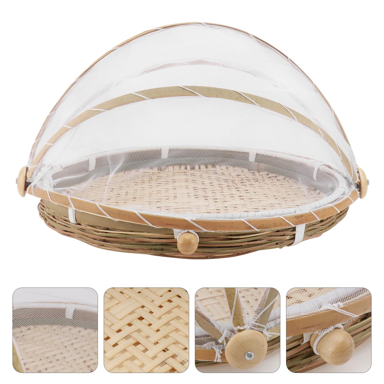 3-Piece Bamboo Food Serving Basket Set - Hand-Woven Round Picnic Basket with Mesh Cover for Vegetables, Fruits, Bread & Home Storage | Perfect for Outdoor Picnics, Party Serving & Kitchen Organization