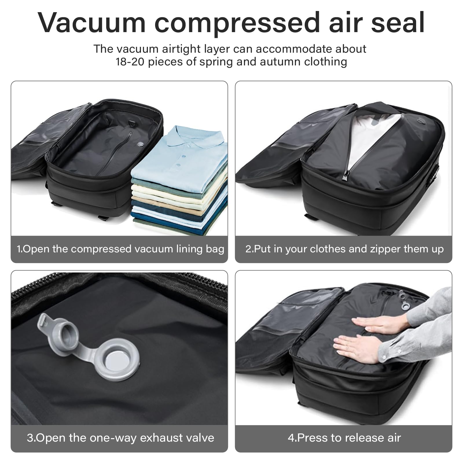 60L Expandable Vacuum Travel Backpack with TSA Lock - 17.3 Inch Laptop Compartment | Airback Vacpack Backpack for Business Trips & Weekend Getaways (Black, Air Pump Not Included)