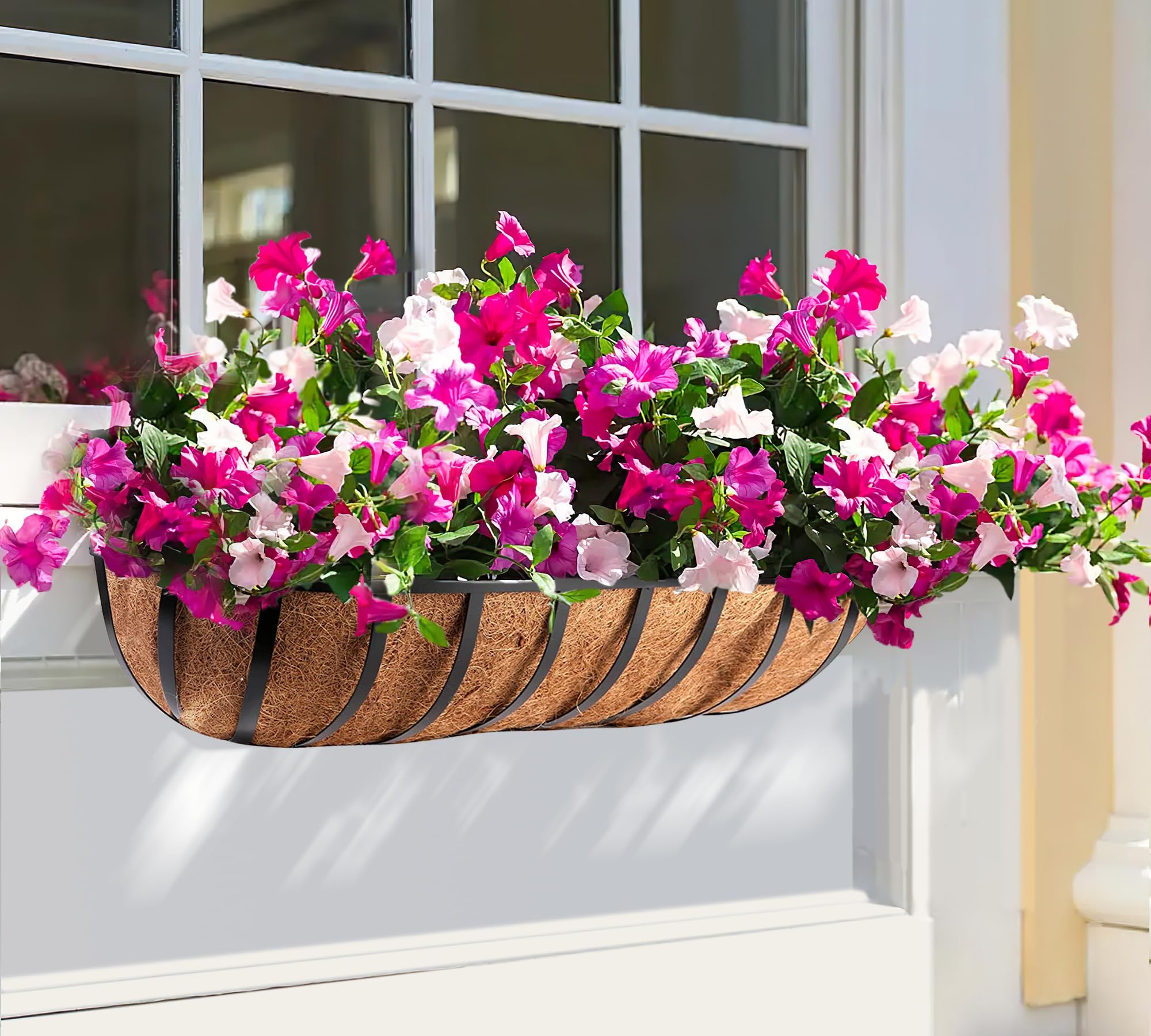 30 Inch Window Box Planter with Coconut Coir Liner - 4 Pack Metal Hanging Flower Basket for Deck, Fence & Railing - Outdoor Garden & Lawn Decor (Perfect for Flowers, Herbs & Small Plants)