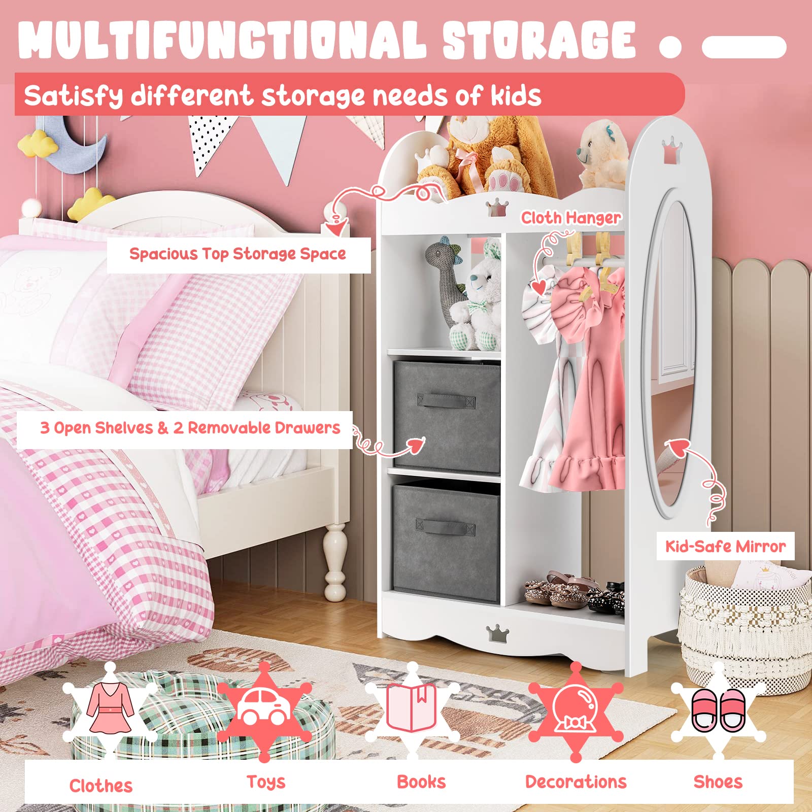Costzon Kids Dress Up Storage Wardrobe with Mirror & Hangers - White Crown Pattern Toy Organizer for Pretend Play Costumes | Perfect for Bedroom & Playroom Organization | Toddler Closet & Dress Up Storage Solution