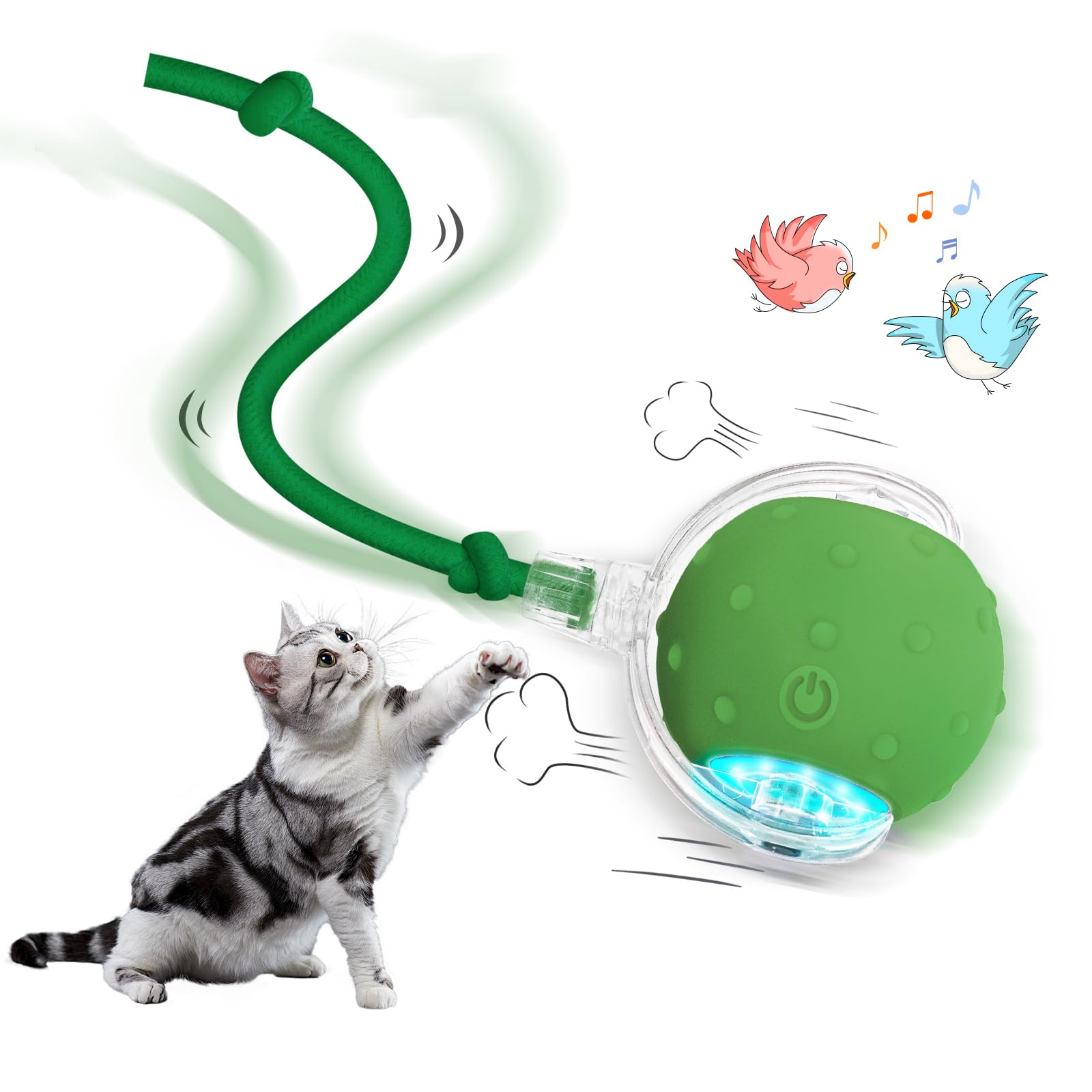 Interactive Electric Cat Toy Ball with Chirping Bird - Fast Rolling Motion Activated Kitten Toy for Indoor Cats - Fun Play on Carpet & Hard Floors (Green) - Perfect for Exercise, Boredom Relief & Bonding with Your Feline Friend