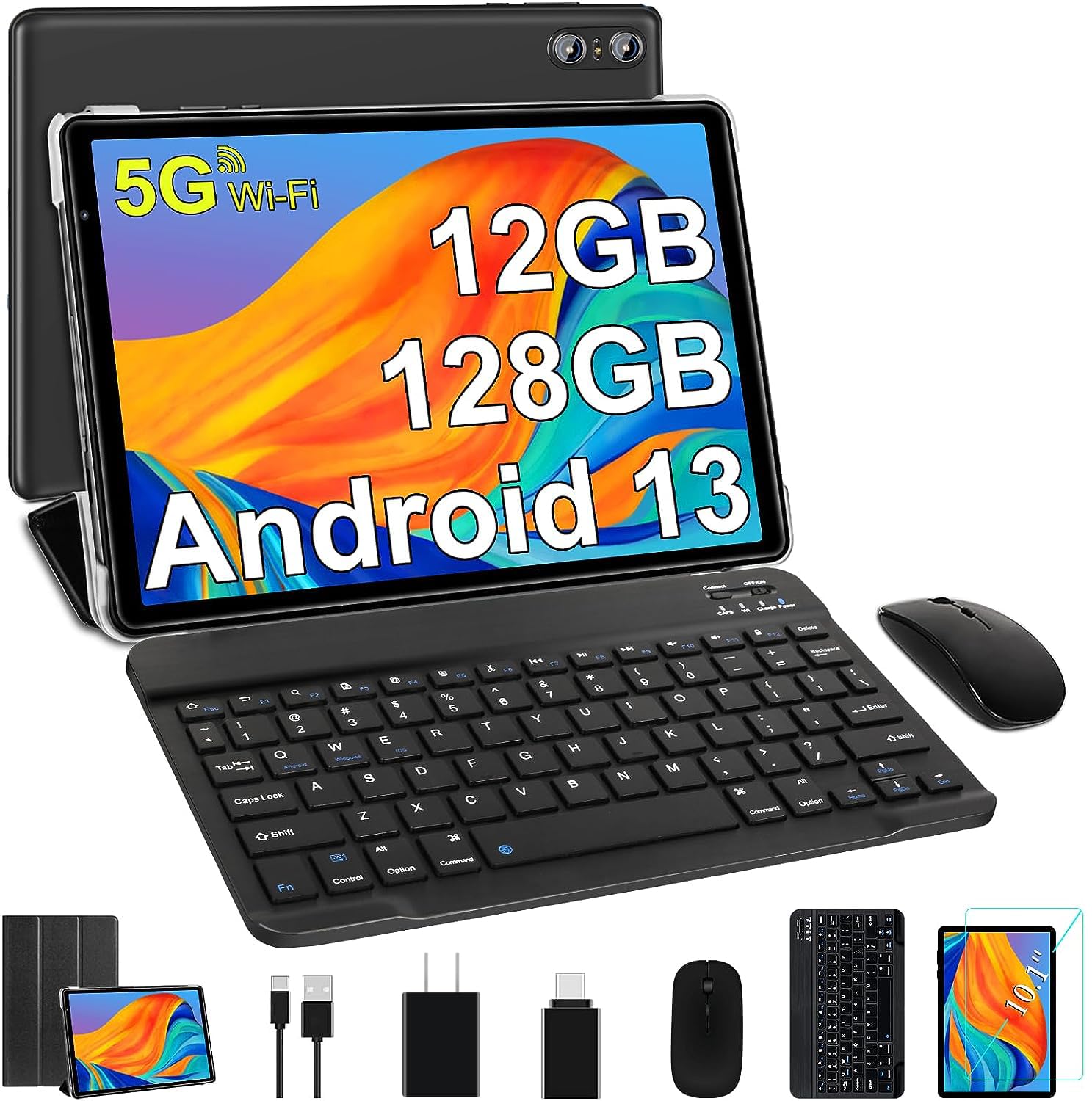 SEBBE 10 Inch Android 13 Tablet PC - 12GB RAM 128GB ROM (Expandable to 1TB), Octa-Core 2.0GHz, Bluetooth 5.0, 5G WiFi, 6000mAh Battery, HD 1280x800 Display, 5MP+8MP Dual Camera - Includes Keyboard & Mouse (Black) - Perfect for Work, Study, and Entertainment