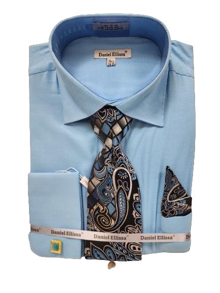 DANIEL ELLISSA Men's JQD Twill All Over Collar & French Cuff Dress Shirt DS3828P2 in Turquoise - Perfect for Business Meetings, Weddings & Formal Events