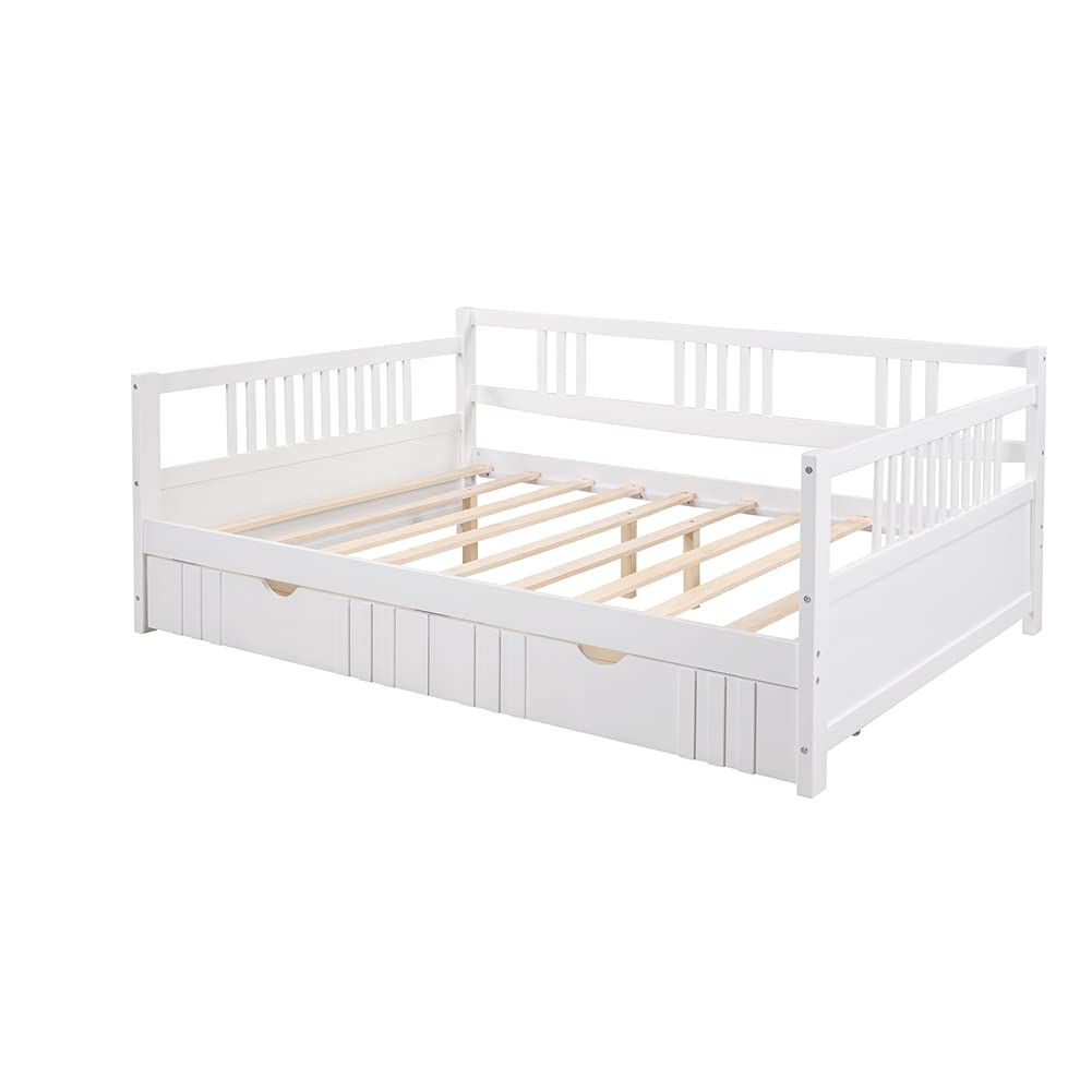 **White Pinewood Daybed Sofa Bed with Guardrails & Storage Drawers – Convertible Kids Furniture for Bedroom, Playroom & Guest Room**    (Note: This optimized title includes keywords like 