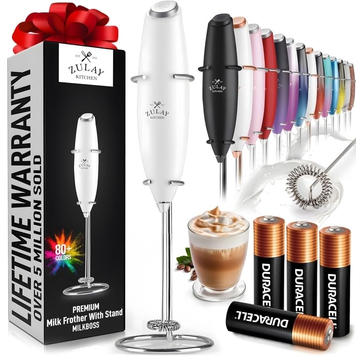 Zulay Powerful Milk Frother Handheld Electric Whisk - Includes 4 Duracell Batteries - Coffee Drink Mixer for Cappuccino, Latte, Frappe, Matcha & Hot Chocolate - Perfect for Home, Office & Coffee Shops - White