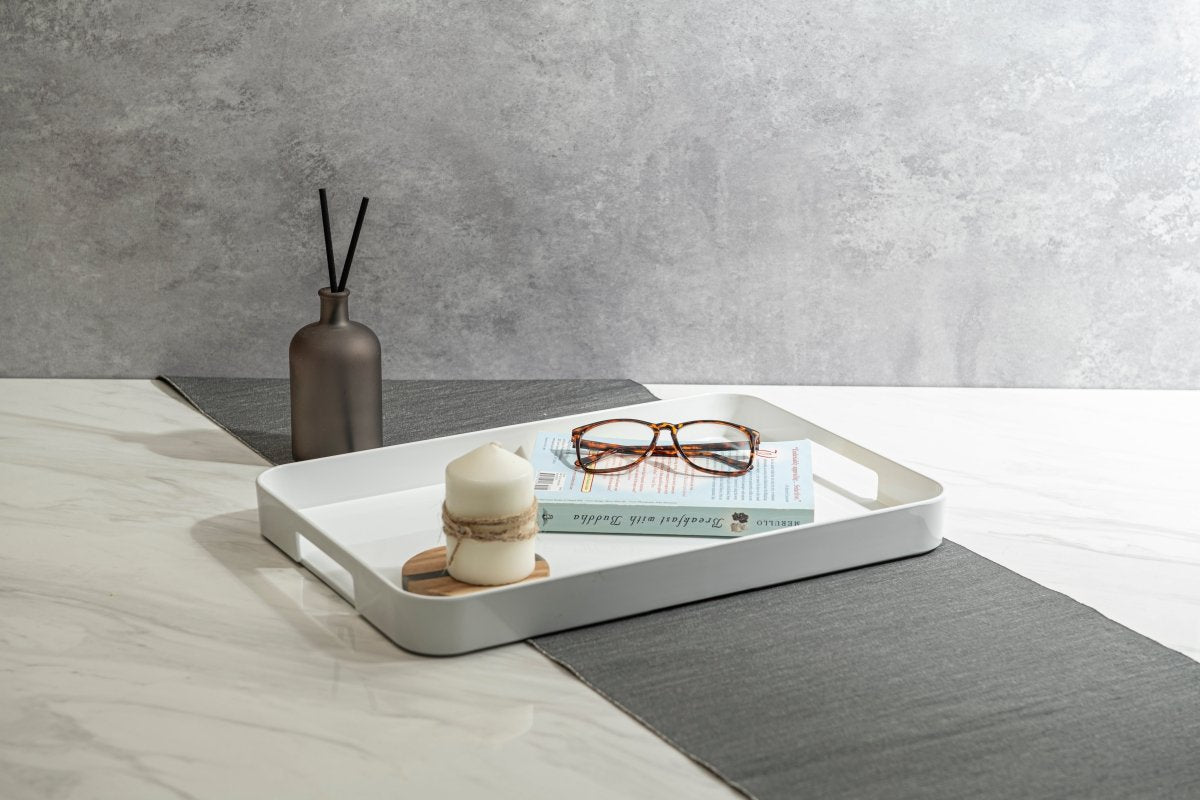 Bzyoo 11.5 x 16 Inch Large White Rectangle Melamine Serving Tray - Durable & Lightweight Food Serving Platter for Parties, Breakfast in Bed, or Home Decor