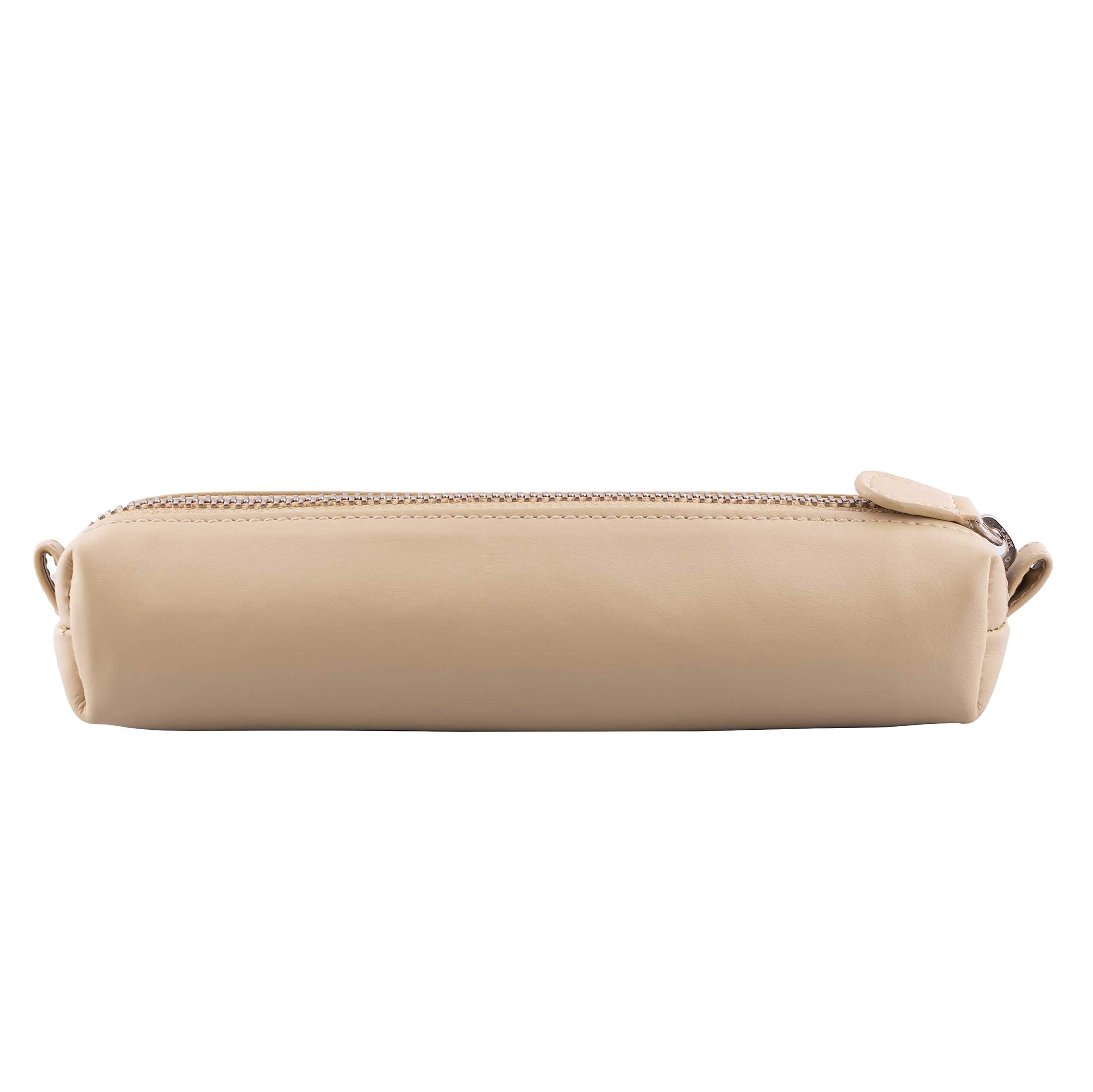 Premium Genuine Full Grain Soft Nappa Leather Pen Case Holder - Zippered Pouch for Fountain, Ballpoint, Rollerball Pens & Pencils (Beige) - Perfect for Office, School, Travel & Gift Giving