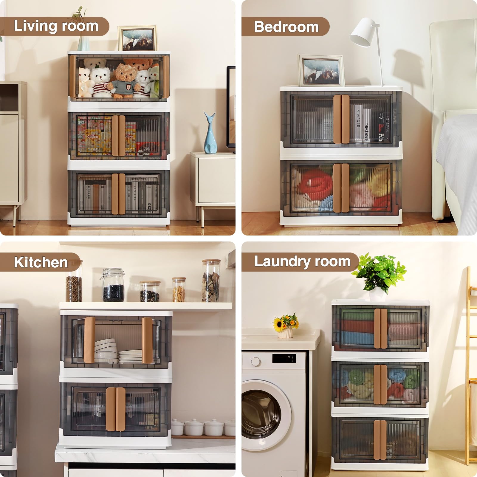 4-Pack 100Qt (25 Gallon) Stackable Plastic Storage Bins with Lids & Wheels - Foldable Closet Organizer, Storage Cabinet with Doors for Home, Dorm, Office, Garage (V6 Brown) - Perfect for Clothes, Toys, Seasonal Items & Household Organization