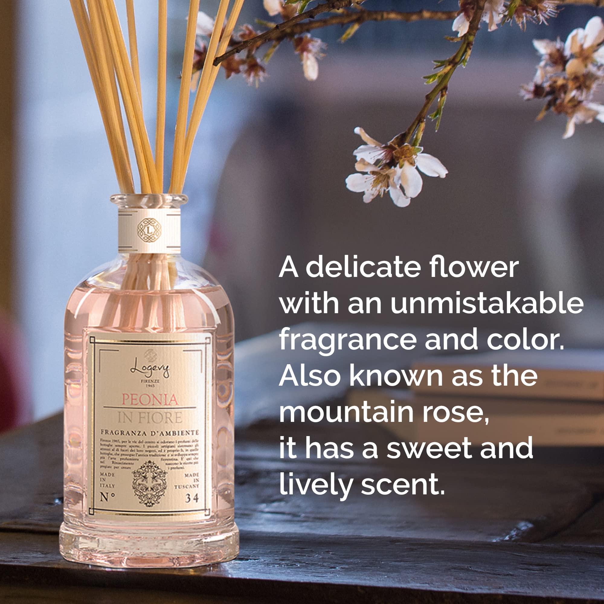 Luxury Peony in Bloom Home Fragrance Diffuser - 250ml Italian Floral Scented Reed Diffuser with 10 Natural Bamboo Reeds in Elegant Glass Bottle | Sweet Floral Aroma for Living Room, Bedroom & Office Decor