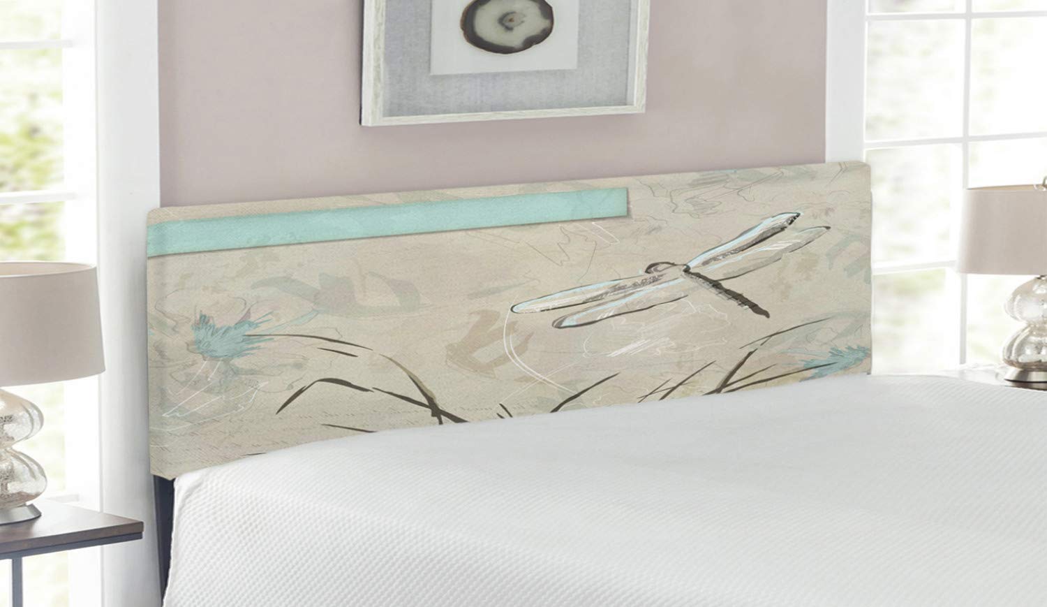 Ambesonne Dragonfly Headboard - Vintage Pastel Grass Sketch, Upholstered Decorative Metal Bed Frame with Memory Foam | Queen Size in Seafoam & Tan | Perfect for Bedroom Decor, Boho Chic Style & Guest Room Makeover