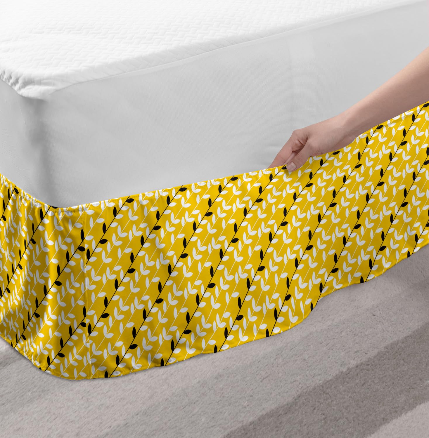 Ambesonne Asian Leaves Bedskirt - King Size Yellow Grey for Elegant Bedroom Decor