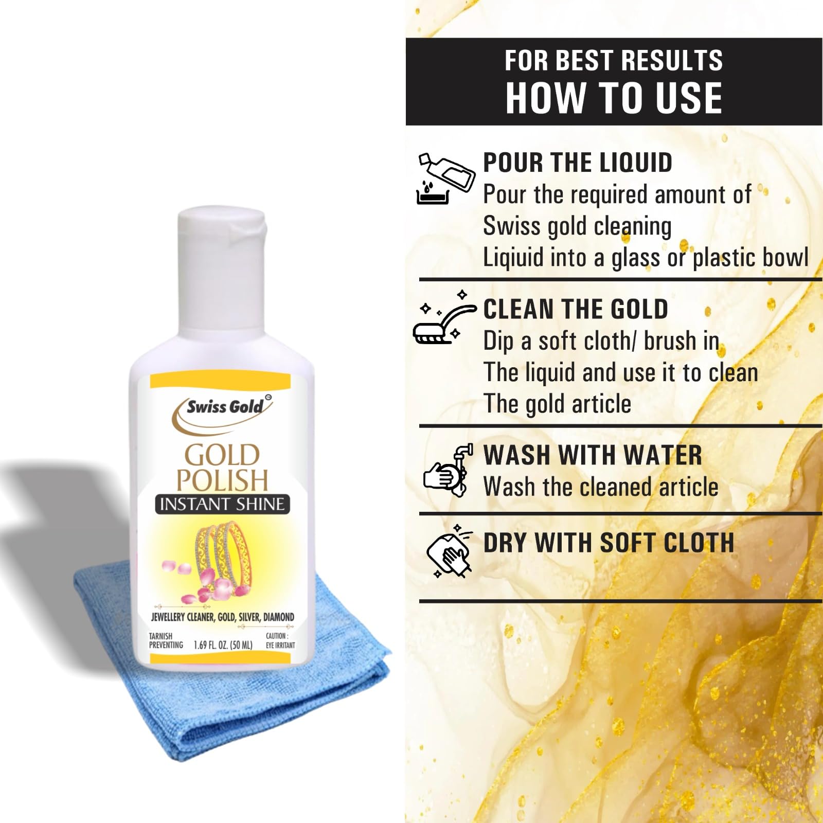 SWISS GOLD Instant Jewelry Cleaner & Polishing Solution - Removes Tarnish from Gold, Diamond & Gemstone Jewelry | Fast Shine Restoration | Perfect for Rings, Necklaces, Earrings & Watches | Safe for Daily Cleaning & Special Occasion Preparation