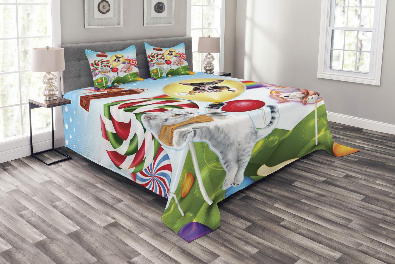 Ambesonne 3-Piece King Size Animal Bedspread Set - Colorful Fantasy Land Rainbow Candy Trees with Cat Dog Girl Boy Flying in Suitcase Design, Decorative Bedding Coverlet & 2 Pillow Shams, Multicolor | Perfect for Kids' Rooms, Nursery Decor, Themed Bedrooms & Unique Gift Ideas