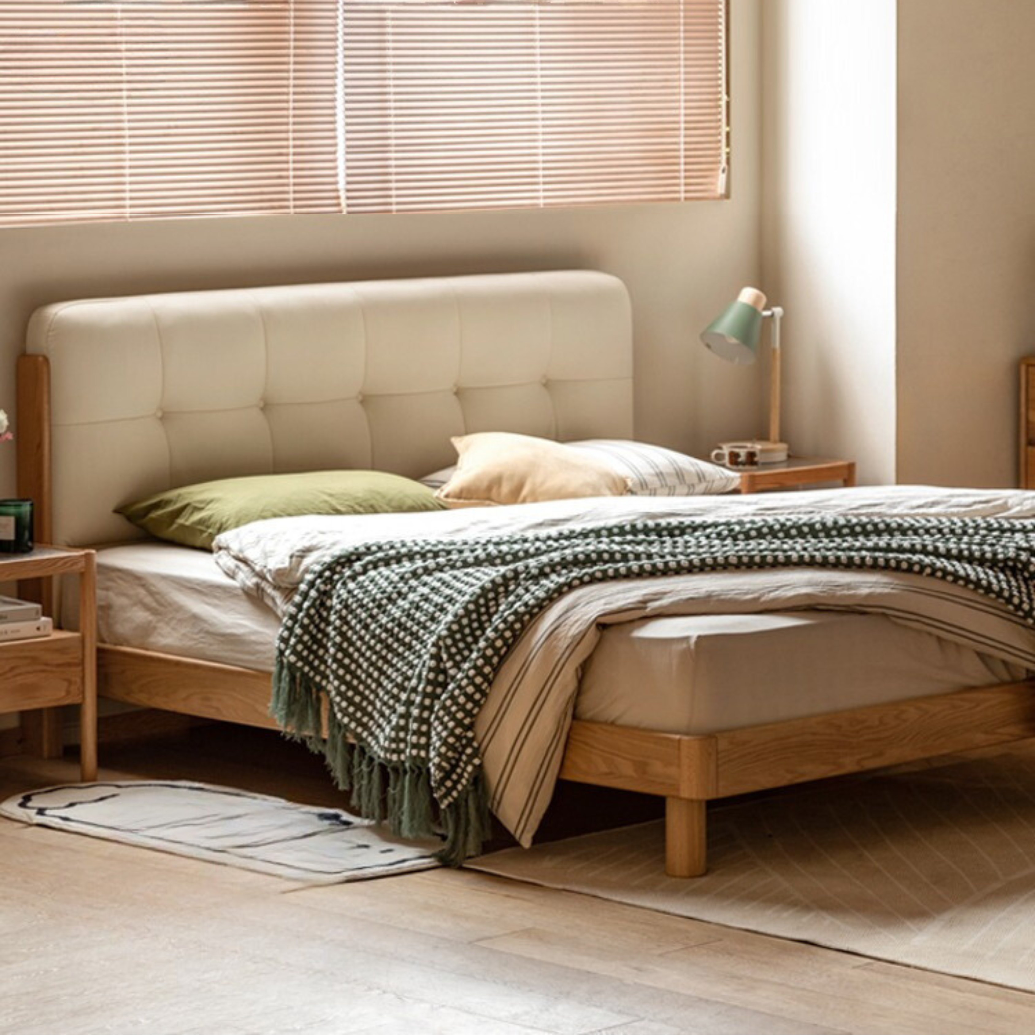 Solid Oak Wood Nordic Soft Back Bed - Modern Minimalist Design for Bedroom & Guest Room