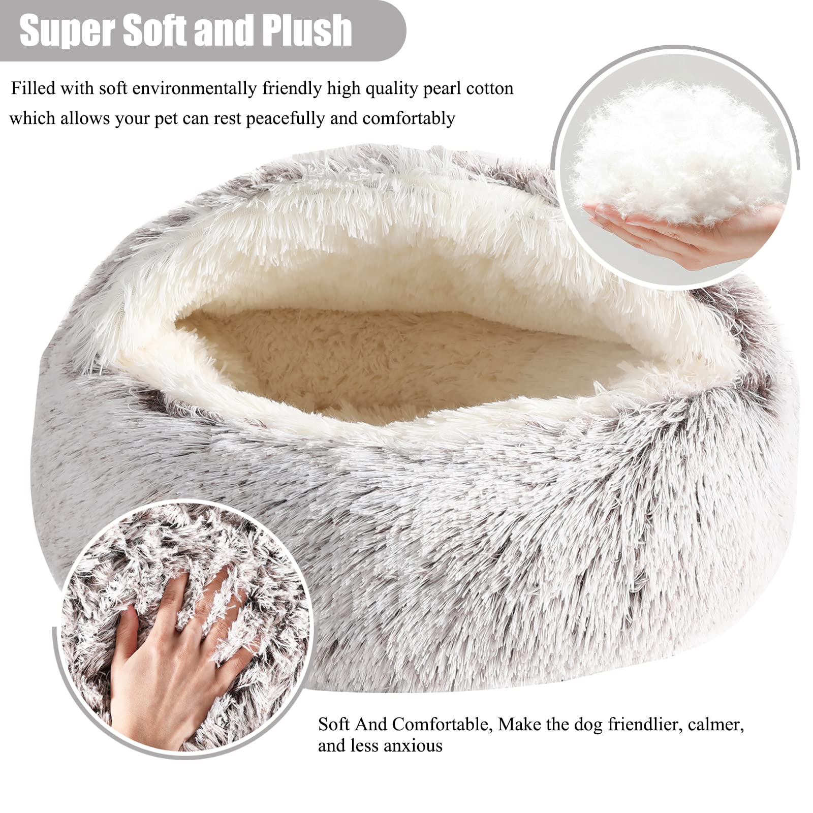 Calming Dog Bed & Cat Cave with Removable Hooded Cover - Washable Round Pet Bed for Small to Medium Pets (15-25 lbs) - Anti-Slip Faux Fur Fluffy Bed for Better Sleep - Perfect for Anxiety Relief & Cozy Napping (20