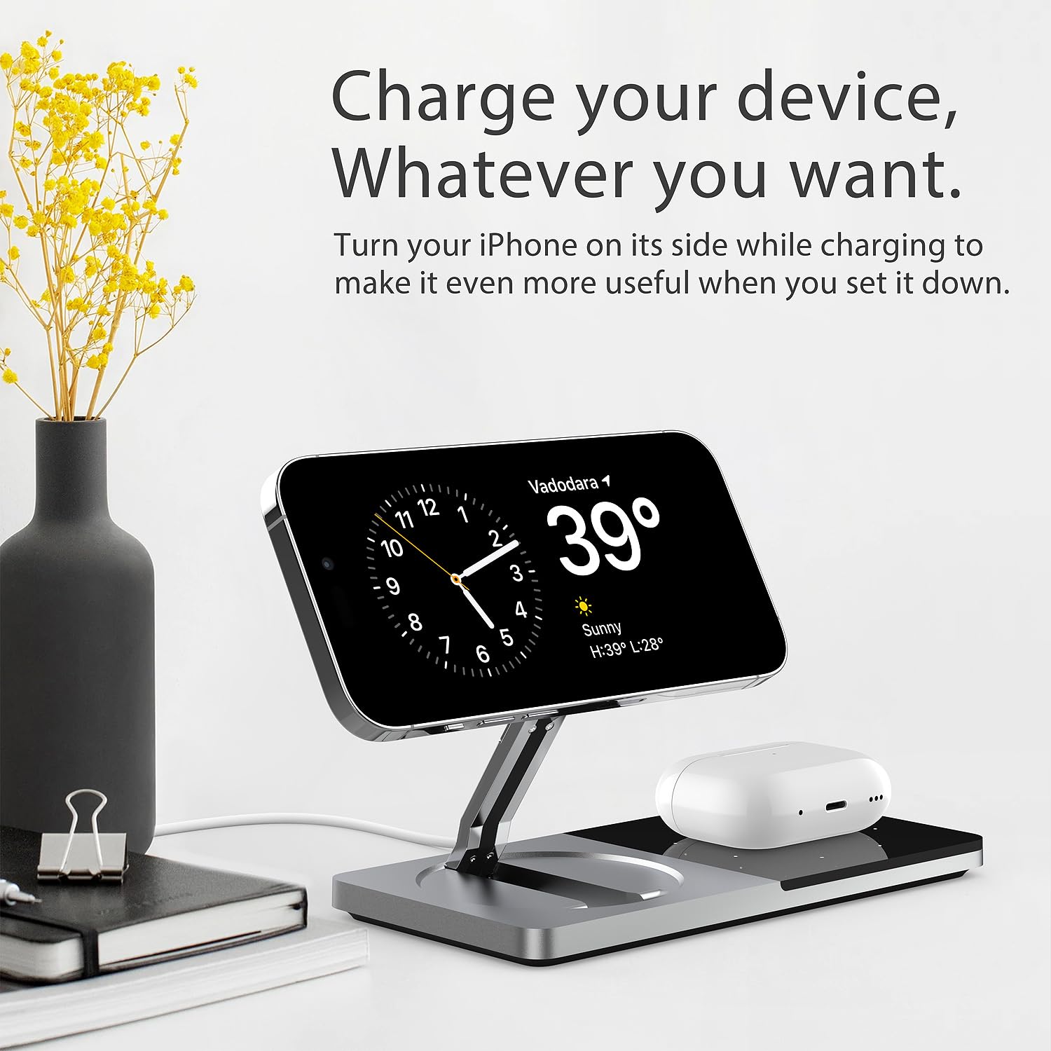 Magnetic Wireless Charging Stand for iPhone 16/15/14/13/12 & AirPods 3/2/Pro | 2-in-1 Mag-Safe Charger Station with Adapter | Fast Charging Dock for Apple Products | Perfect for Home, Office & Travel (Silver)
