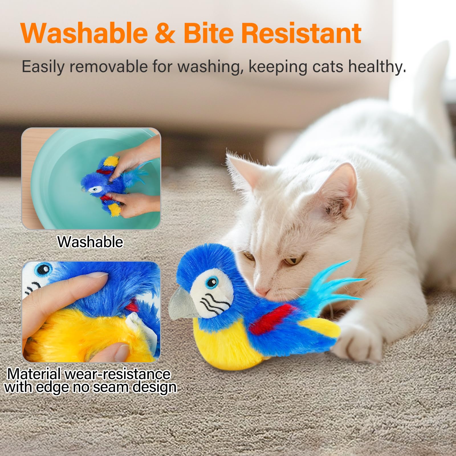Interactive Flapping Bird Cat Toy with Chirping Sound & Catnip - Rechargeable, Touch-Activated Electric Toy for Indoor Cats - Perfect for Playtime & Exercise (Blue)