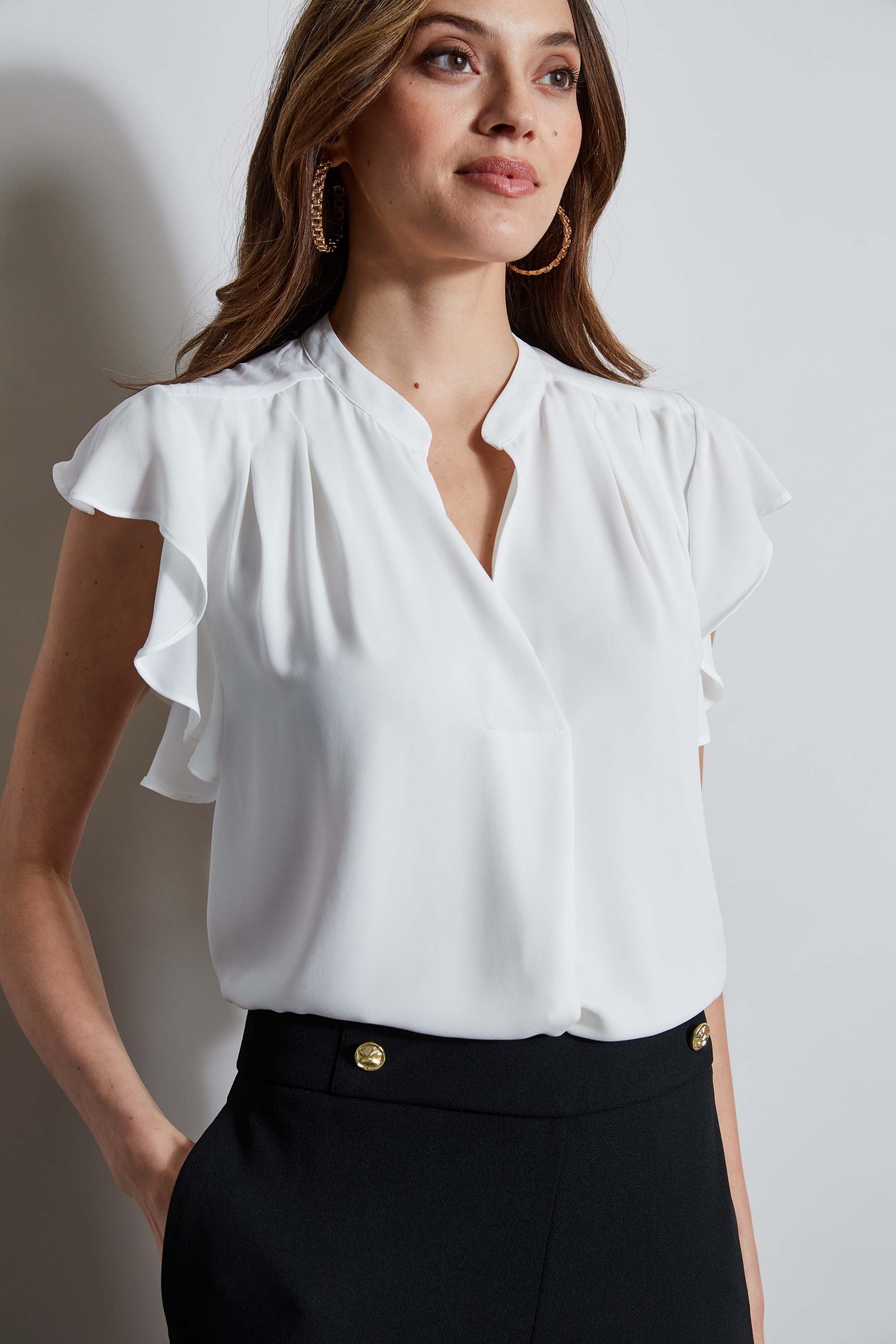 Tahari Women's Flutter Sleeve Blouse - Elegant Flowy Top for Work & Casual Wear | Office Outfits, Date Nights & Special Occasions
