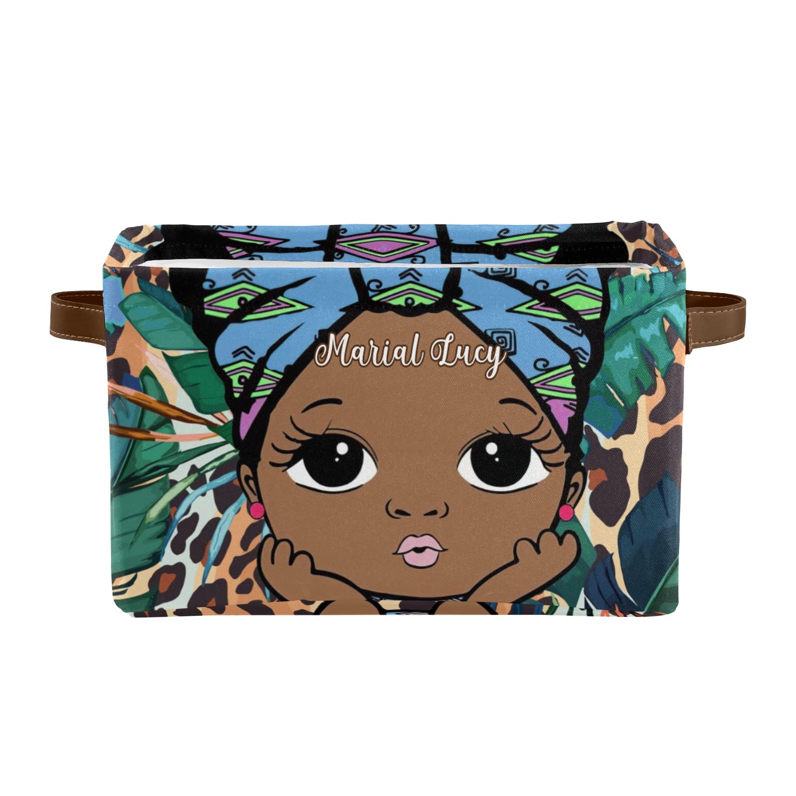 Afro Girl Leopard Print Storage Bins with Palm Leaves Design - Durable Cubic Organizer Basket with Handles for Shelves, Wardrobe, Nursery & Toy Storage (1-Pack) - Perfect for Home Organization & Kids Room Decor