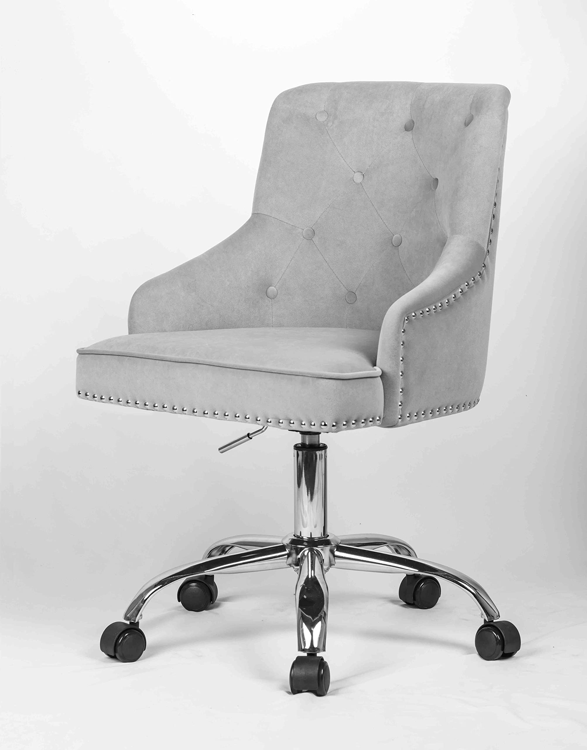 Luxury Velvet Office Chair with Tufted Back & Nailhead Trim - Adjustable Swivel Computer Desk Chair with Arms - Elegant Grey Vanity Chair for Home Office, Bedroom & Dressing Room
