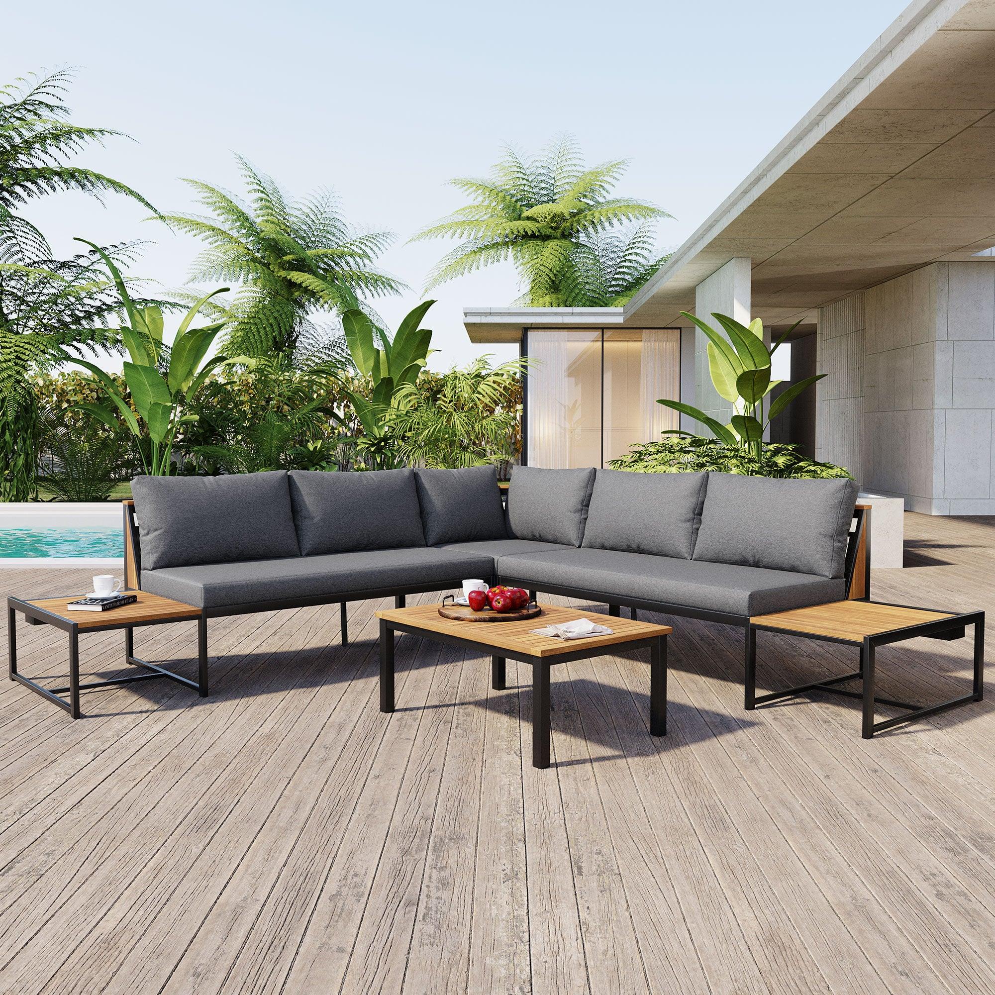 4-Piece Outdoor Patio Furniture Set with Loveseats & Waterproof Cushions - Durable Iron Wood Design for Garden, Backyard, Poolside - Perfect for Relaxing, Entertaining & Outdoor Dining