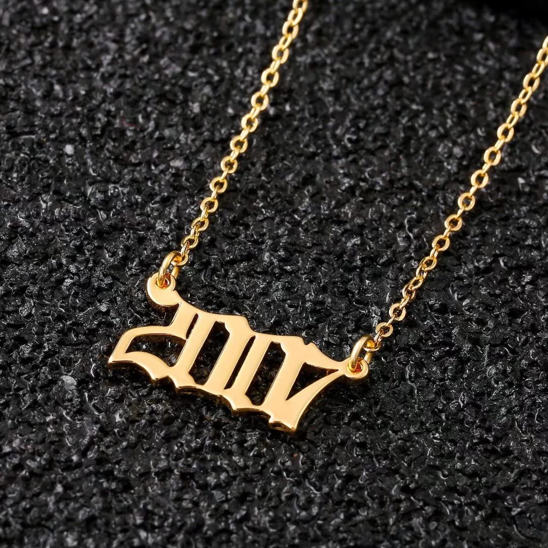 18K Gold Plated Old English Birth Year Necklace for Women - Personalized Number Pendant Jewelry Gift (1970-2021) | Perfect for Birthday, Anniversary & Mother's Day Gifts | Elegant Everyday Wear & Special Occasions