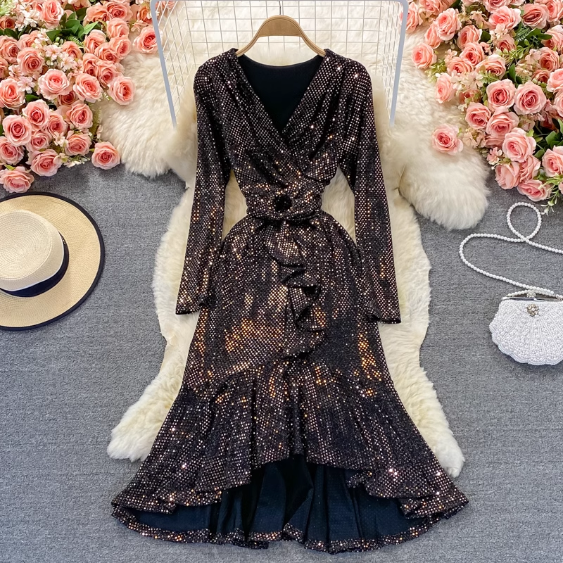 Elegant Autumn V-Neck Sequined Ruffled Mermaid Evening Dress for Women - Perfect for Holiday Parties, Prom, Wedding Guest & Special Occasions
