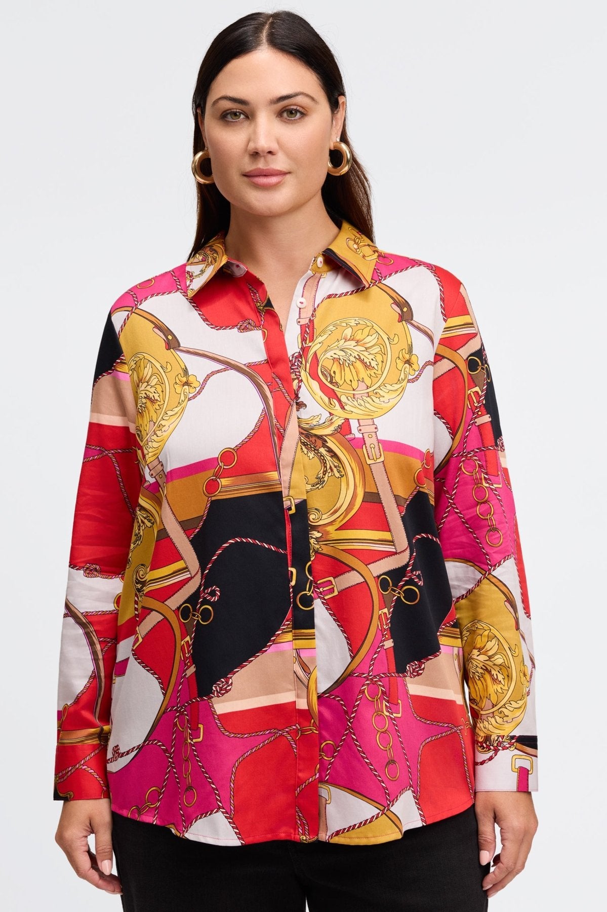 Luna Plus Stylish Buckle Scarf Print Long Sleeve Blouse for Women | Fashionable Office & Casual Wear | Perfect for Work, Dates, and Everyday Outfits
