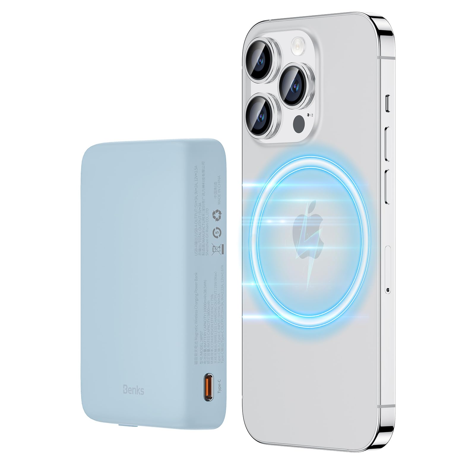 BENKS 10000mAh Magnetic Wireless Power Bank with 20W USB-C Ports | Portable Magsafe Charger for iPhone 15/14/13/12 Series | Fast Charging Battery Pack for Travel, Work & Outdoor Activities - Blue
