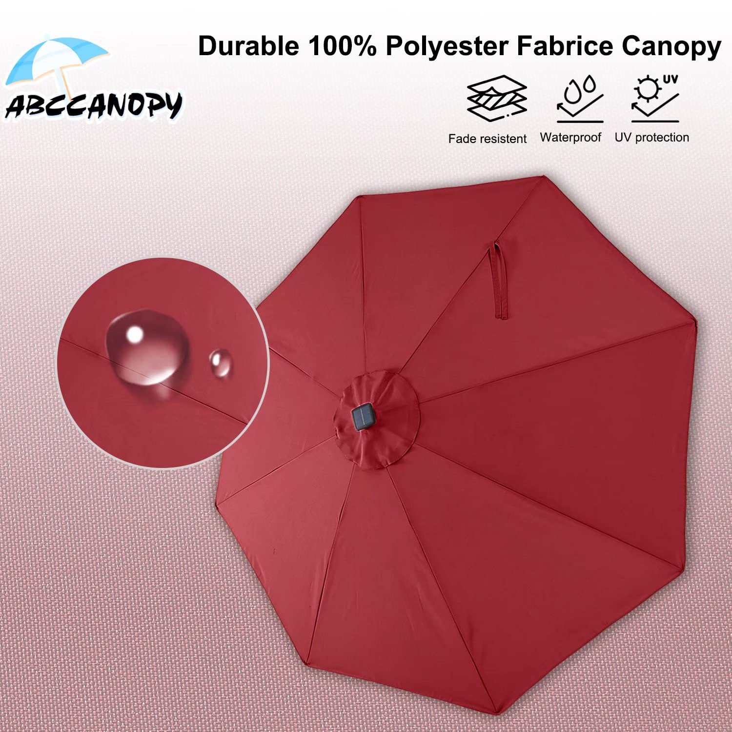 ABCCANOPY 7.5FT Solar LED Patio Umbrella - 32 LED Lights, Durable Outdoor Canopy (Burgundy) for Backyard, Poolside, and Garden Relaxation