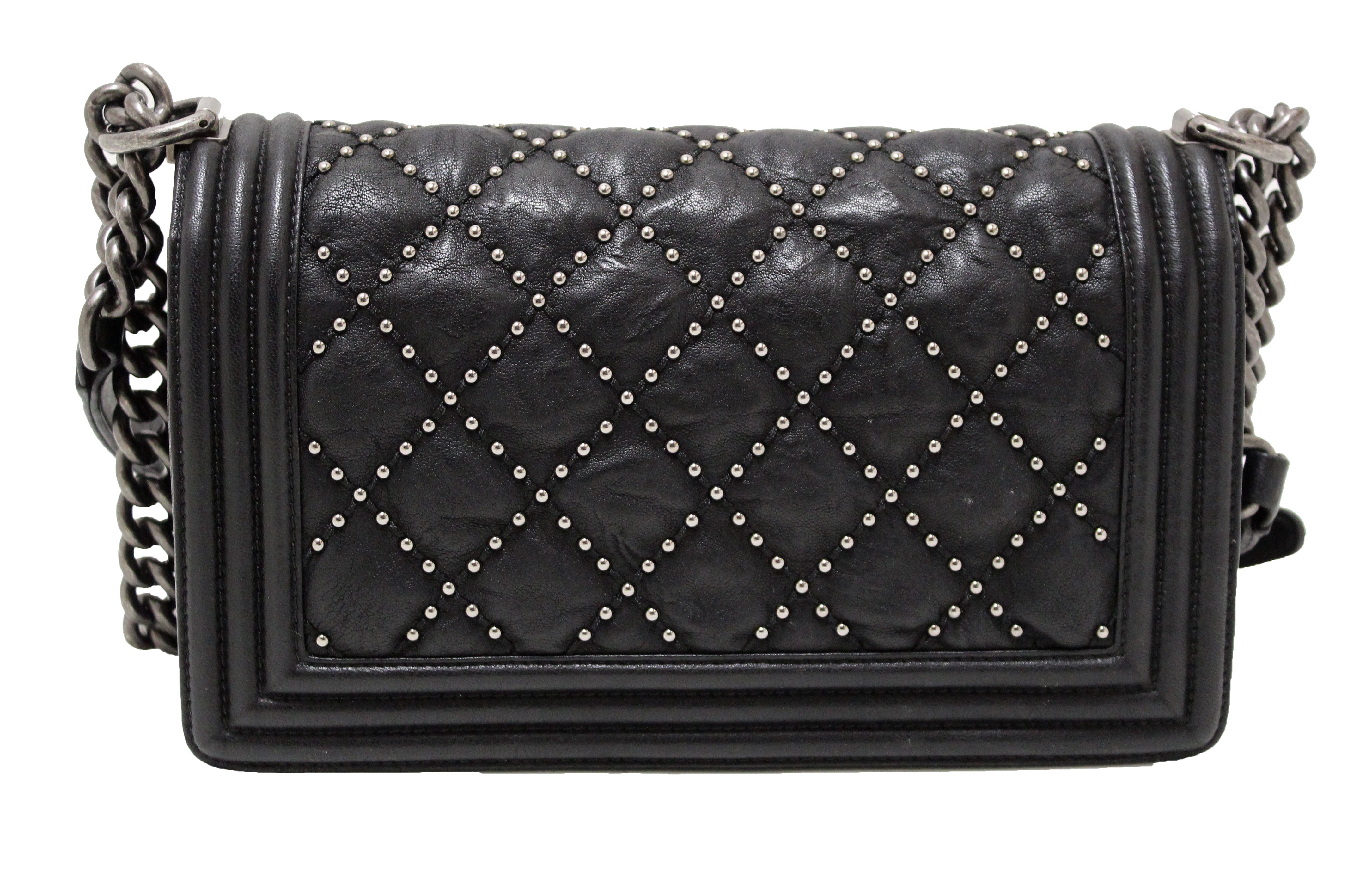 Authentic Chanel Studded Black Quilted Distressed Calfskin Old Medium Boy Flap Shoulder Bag - Luxury Designer Handbag for Women, Perfect for Evening Events & Special Occasions